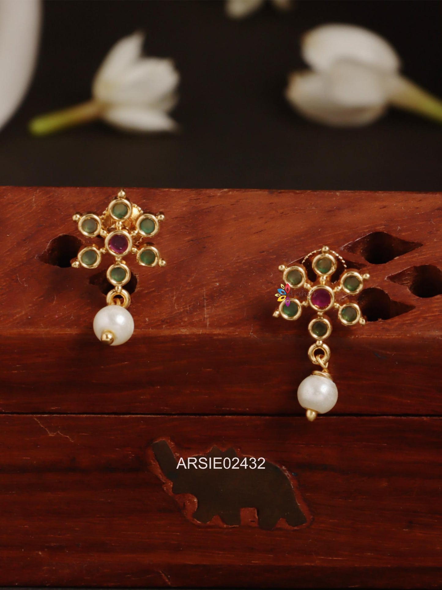 Flower Design Green and Red Stone Pearl Drop Earstuds