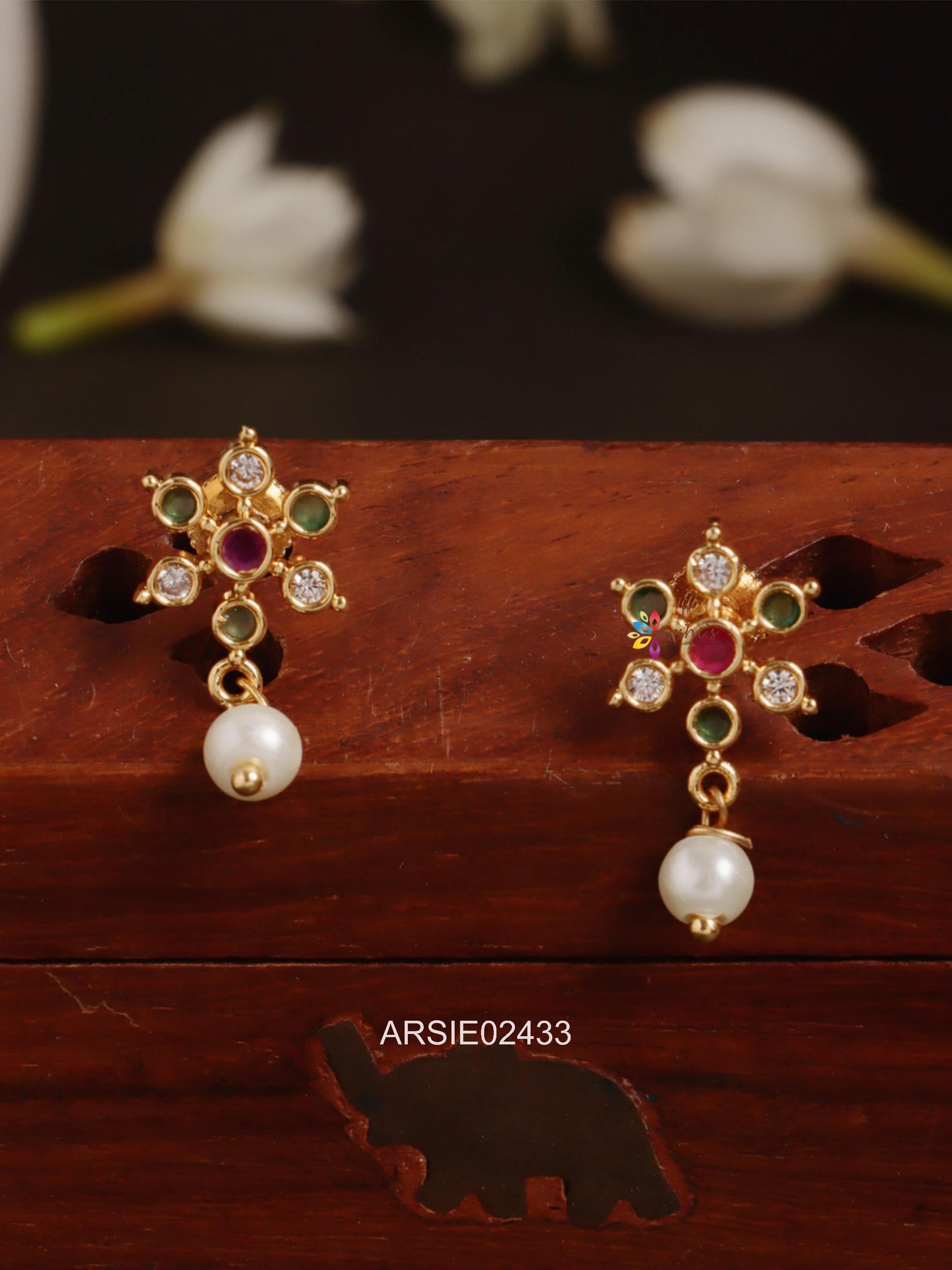 Flower Design Multi Stone Pearl Drop Earstuds
