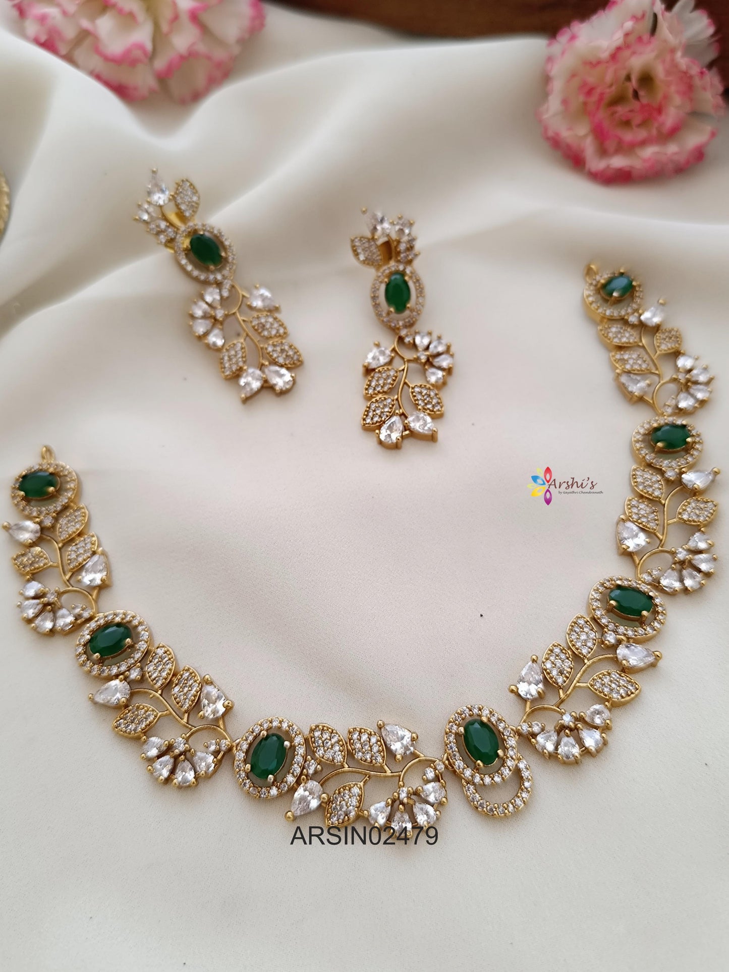 Leaf Design AD and Emerald Stone Necklace
