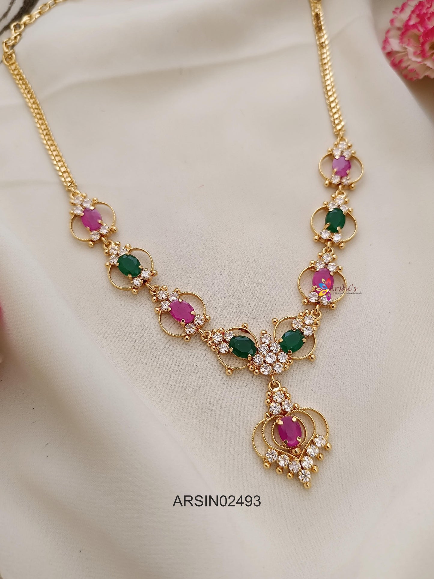 Simple Pink and Green Stone Necklace