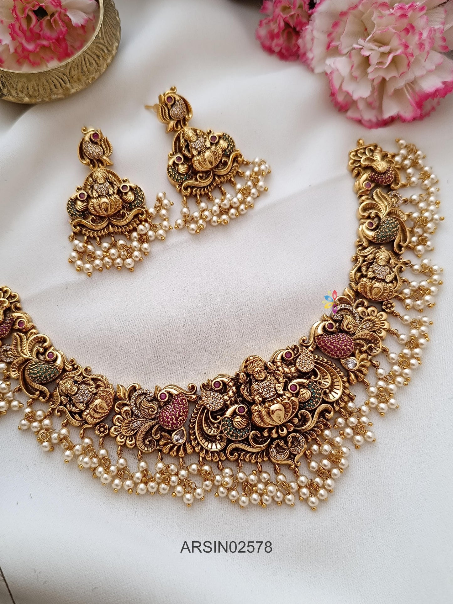 Antique Peacock and Lakshmi Pearl Drops Necklace