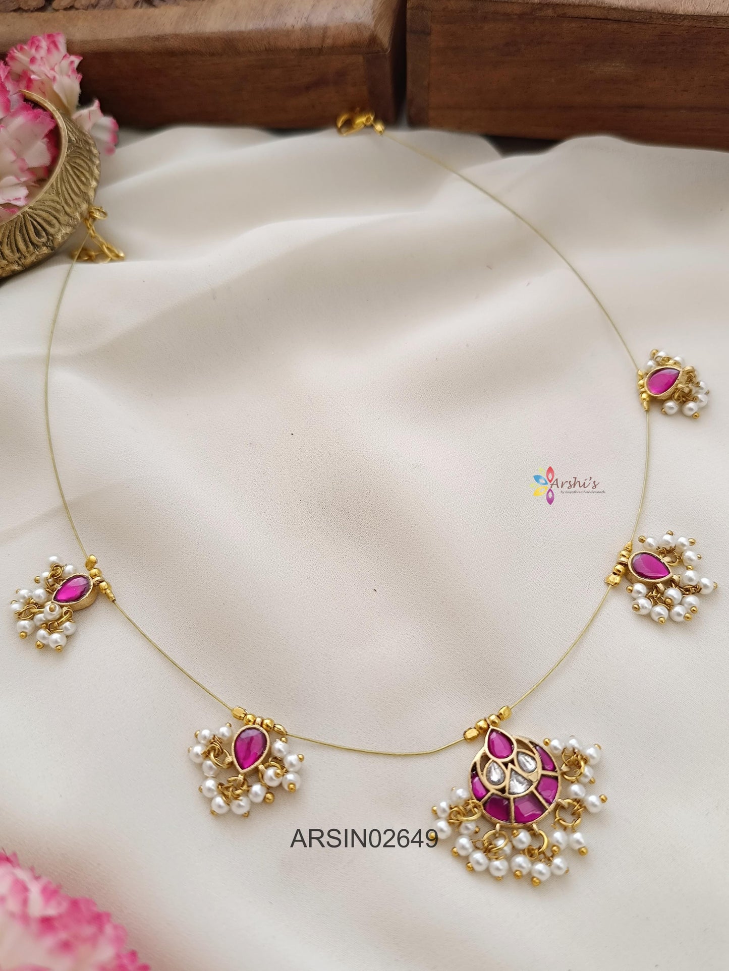 Ruby White Stone and Pearl Invisible Necklace