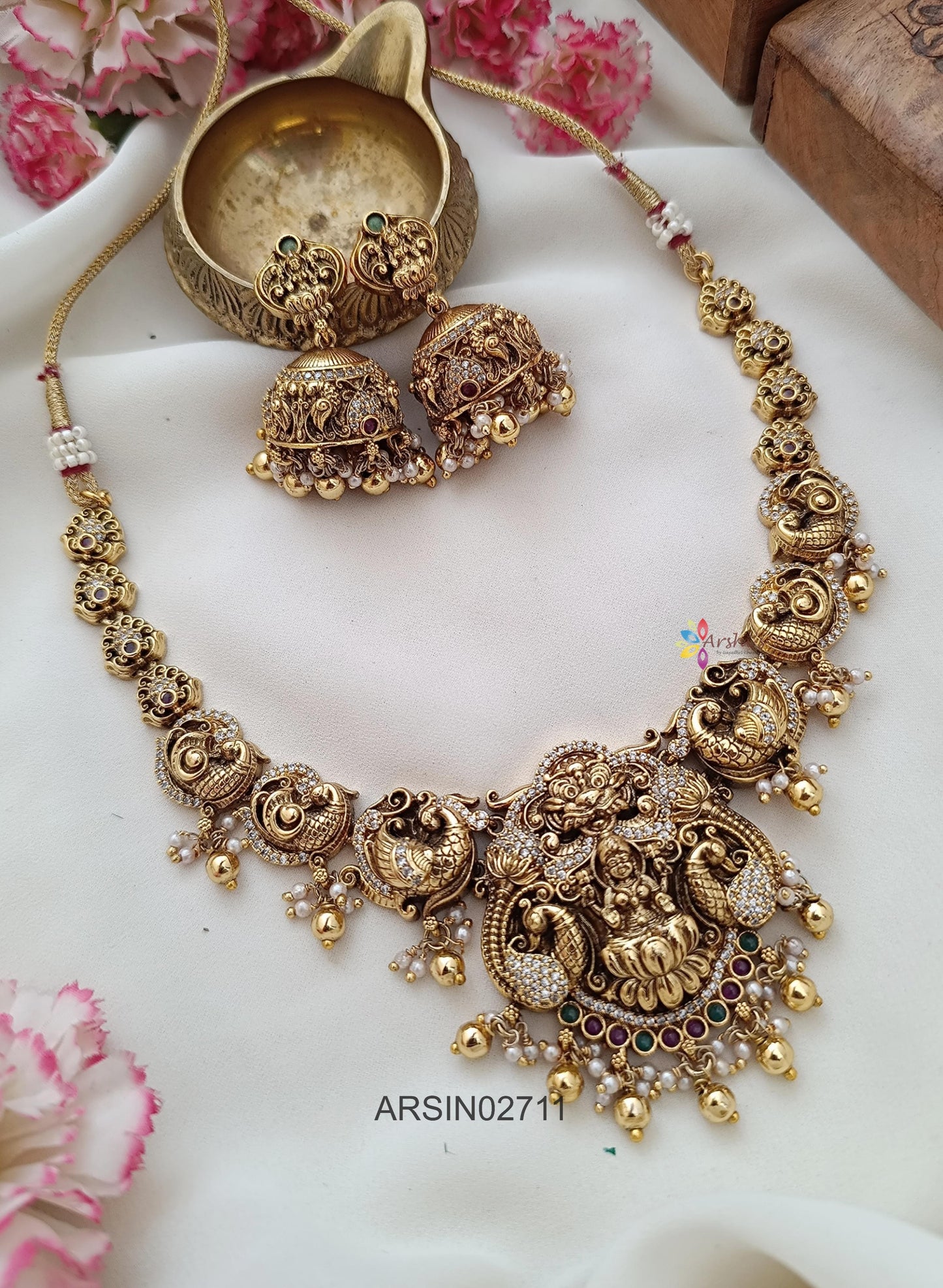 Antique Peacock Lakshmi Gold Bead Necklace