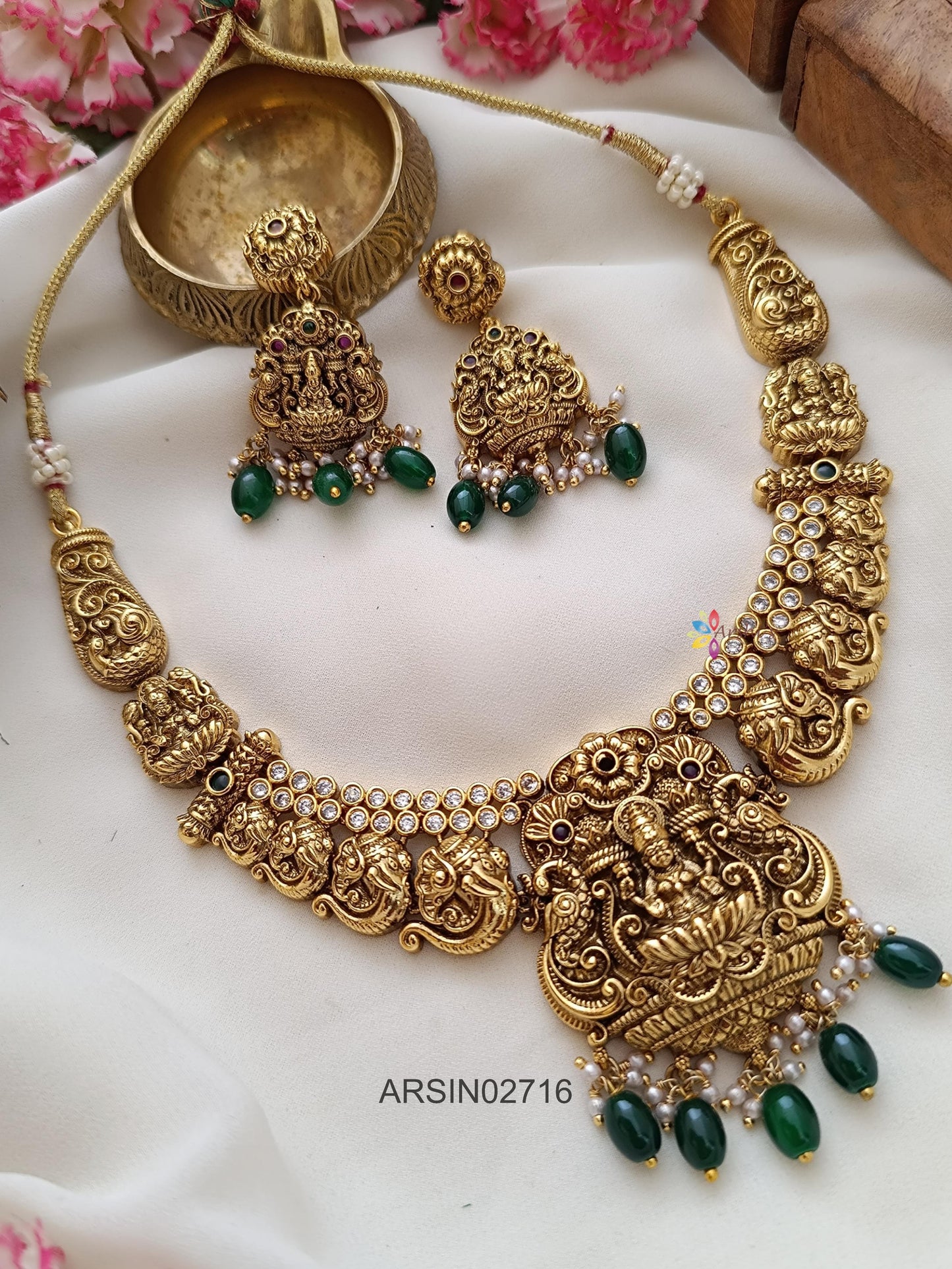 Elephant Lakshmi Green Bead Necklace