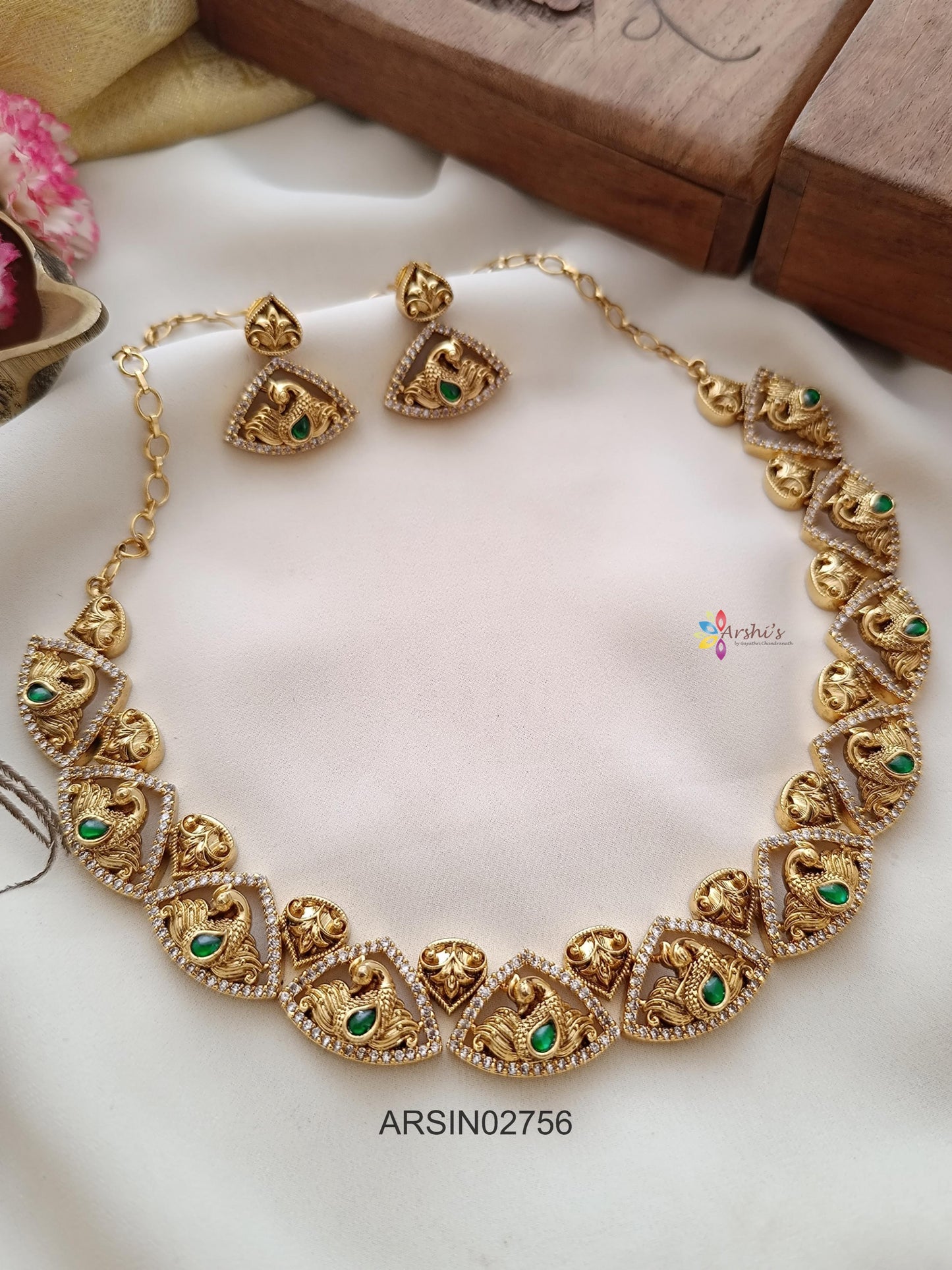 Triangle Peacock Green Stone Necklace