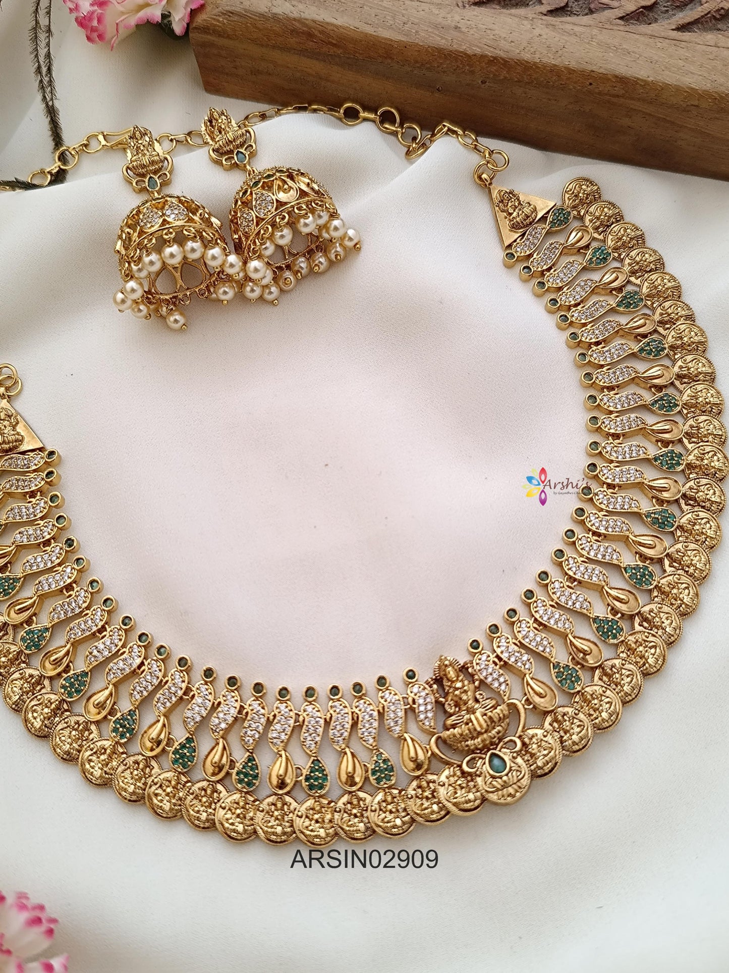 Green and White Stone Lakshmi Coin Necklace