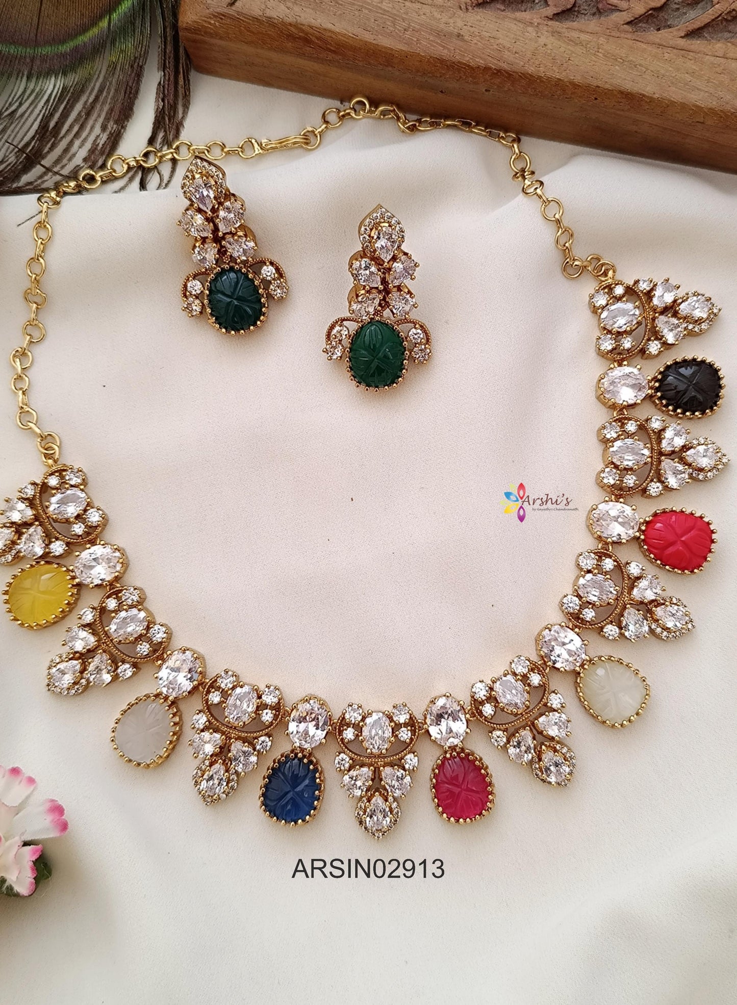AD and Navarathna Stone Drops Necklace