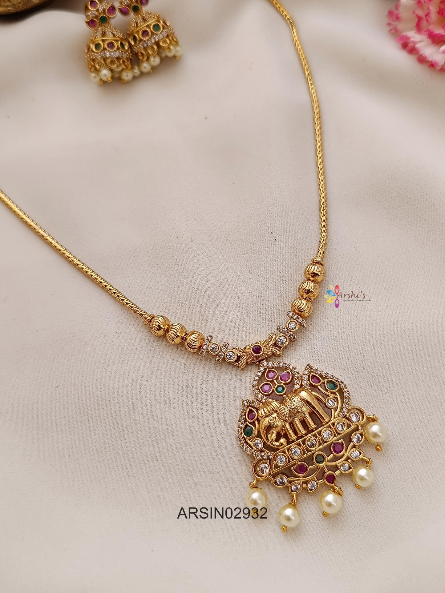 Elephant Pearl Pendant Attigai Necklace