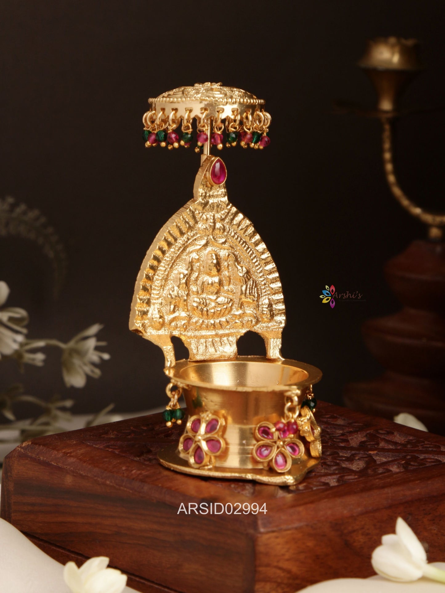 Lakshmi with Umbrella Red and Green Beads Diya
