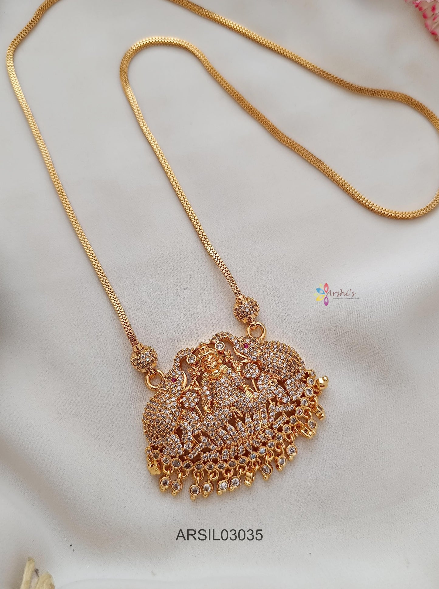Dual Elephant Lakshmi White Stone Long Necklace