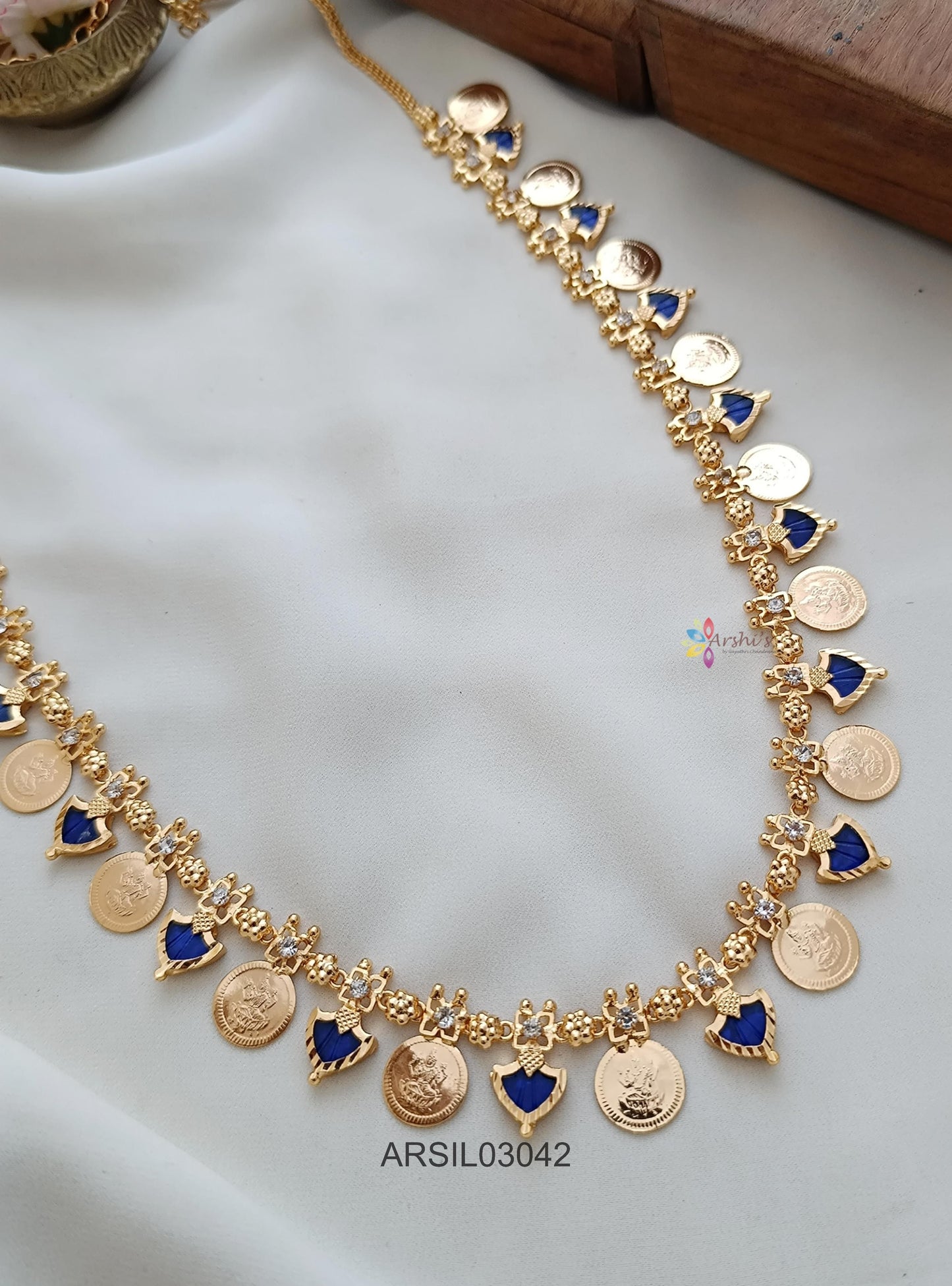 Lakshmi Coin Blue Stone Palakka Long Necklace