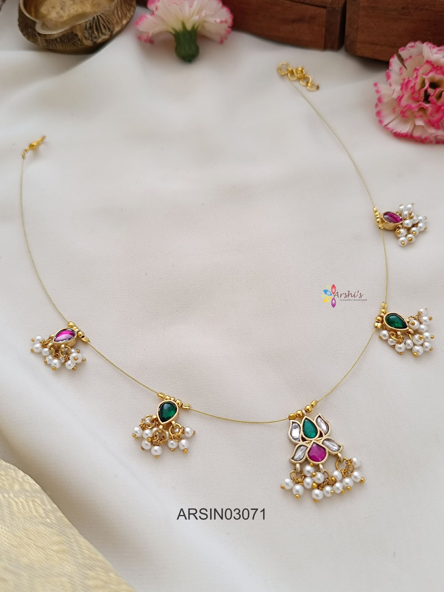 Jadau Kundan Red and Green Invisible Necklace