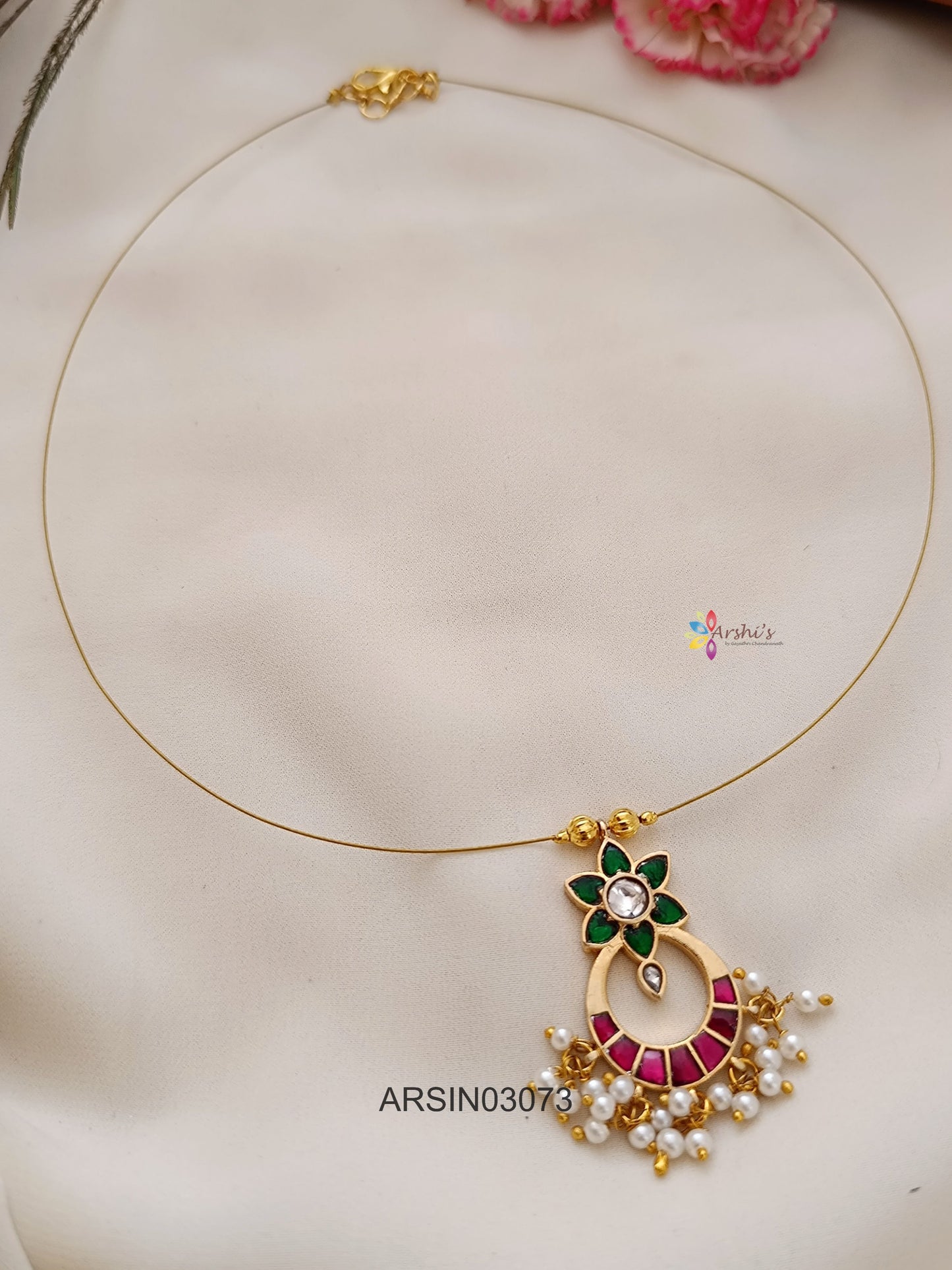 Red and Green Chandbali Pendant Invisible Necklace