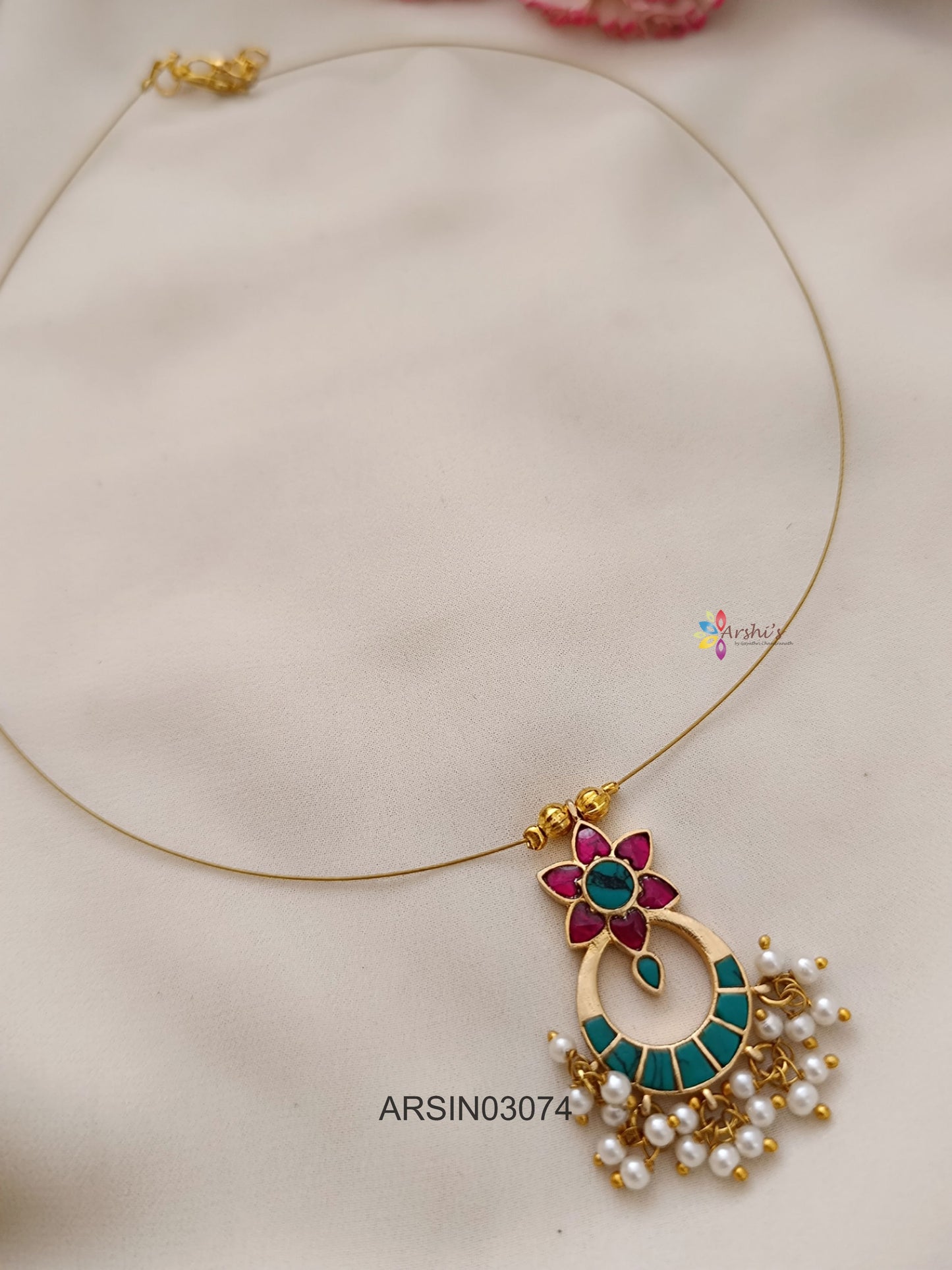 Red and Green Chandbali Pendant Invisible Necklace