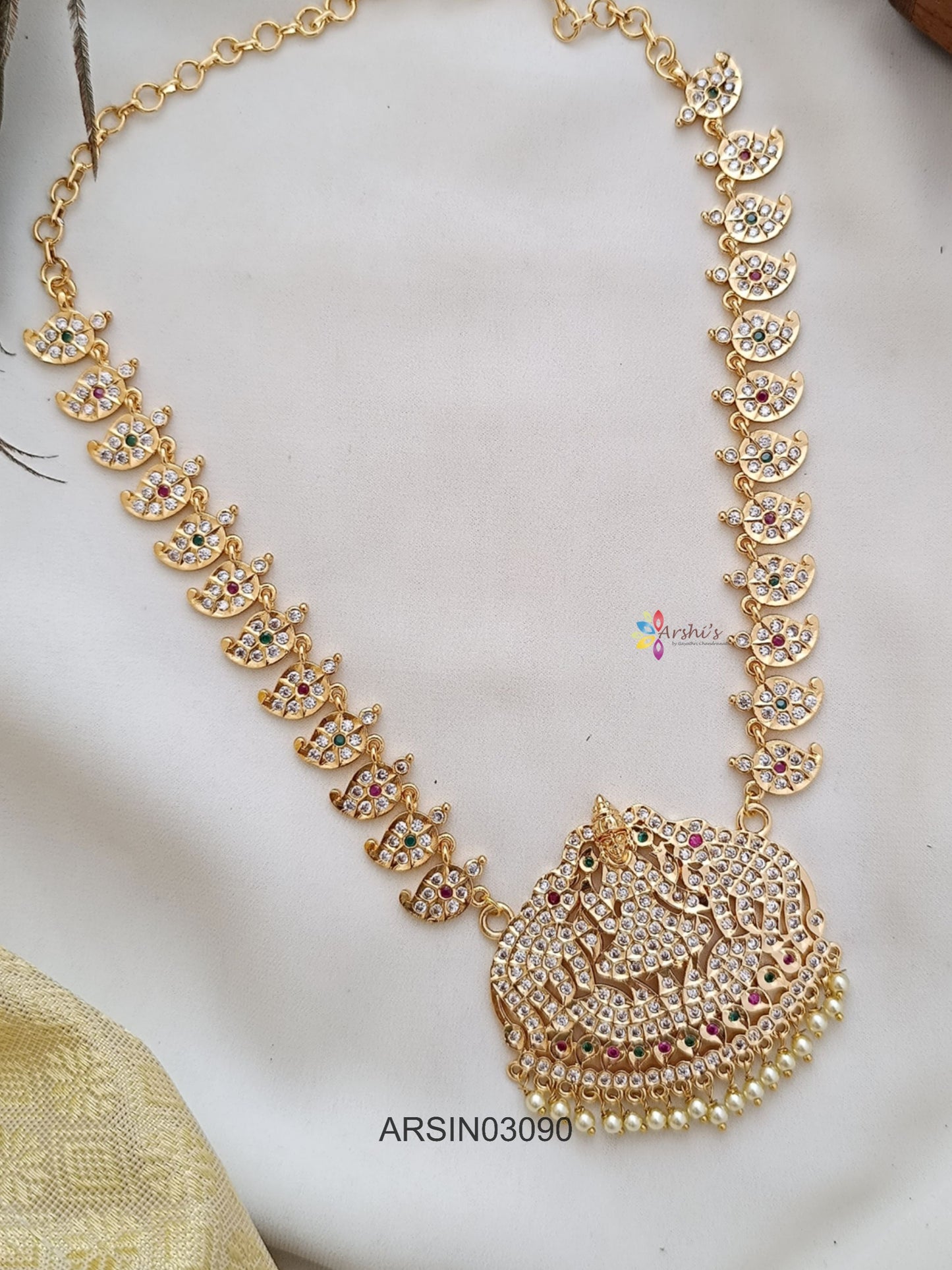 Mango and Lakshmi Pendant White Stone Long Necklace