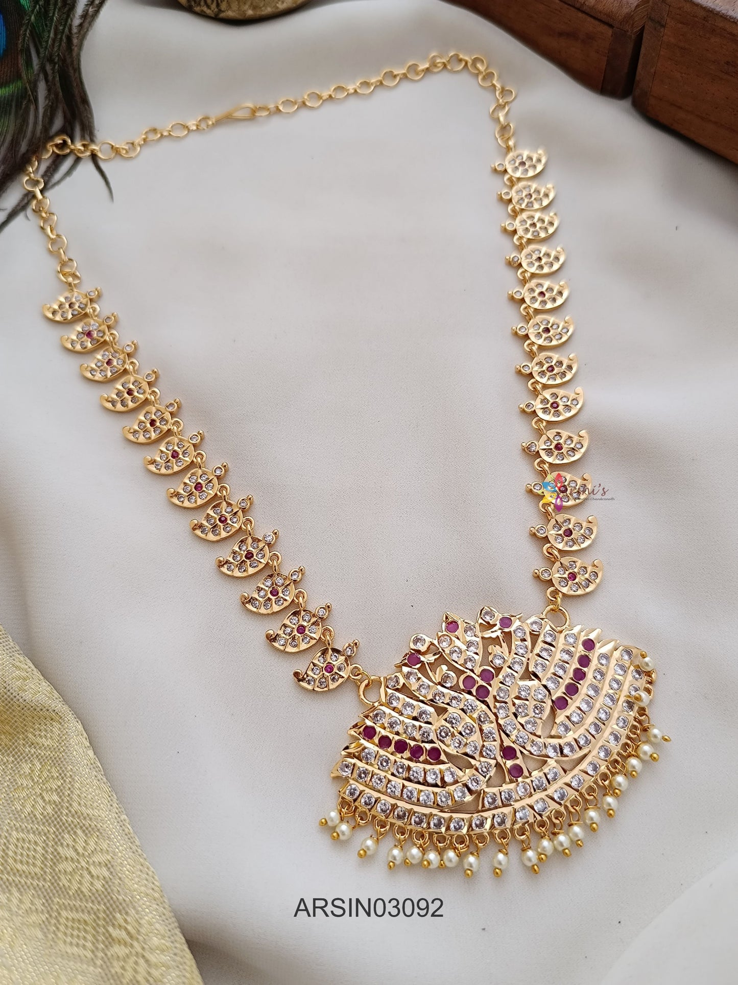 Mango and Swan Design White Stone Long Necklace