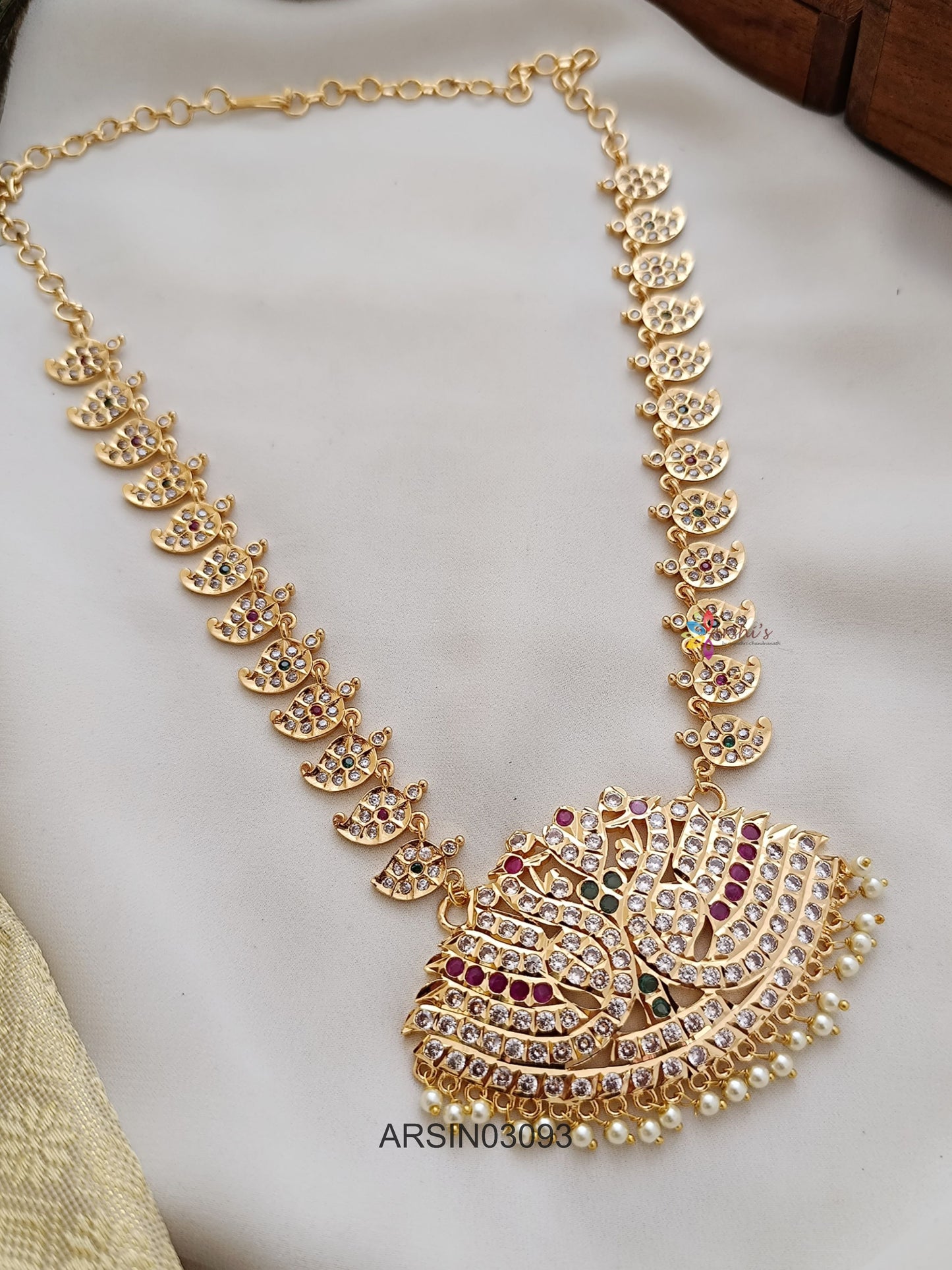 White Stone Mango and Swan Design Long Necklace