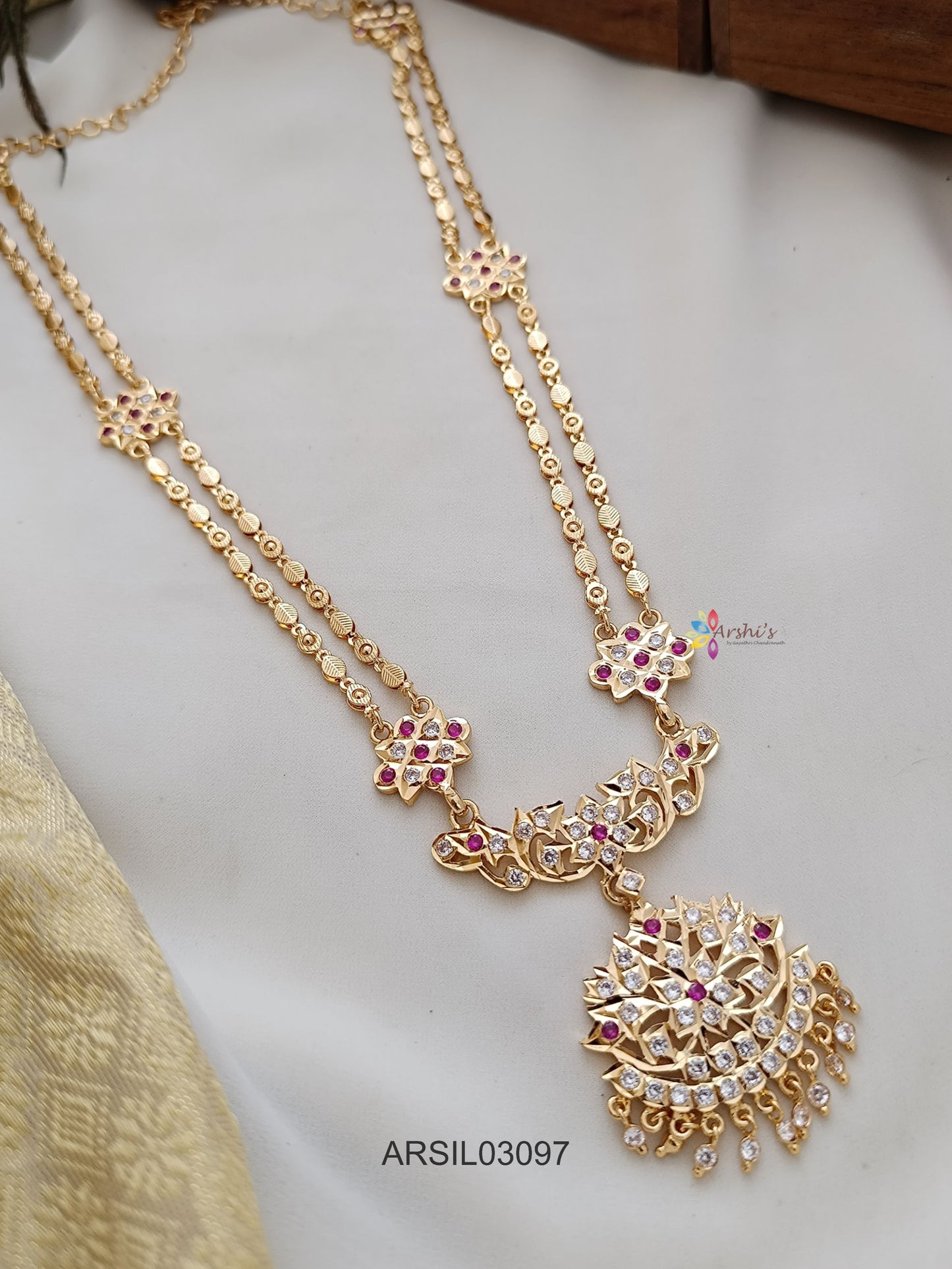 Two Layer White and Red Stone Long Necklace