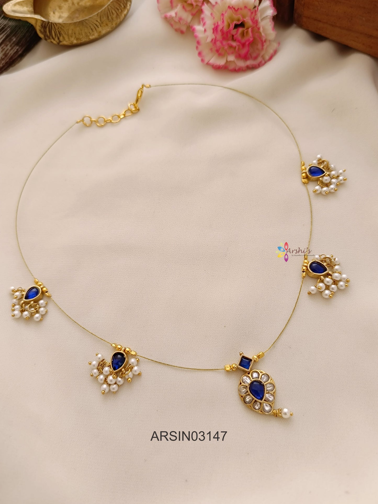 Mango Blue Stone and Pearls Invisible Necklace