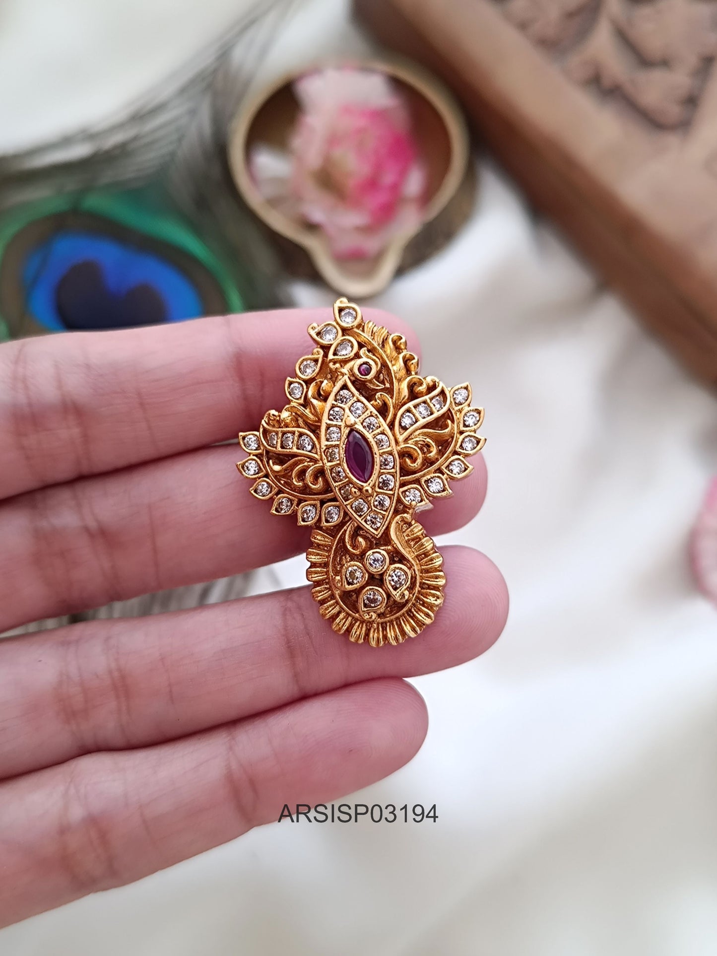 Peacock White and Red Stone Saree Pin