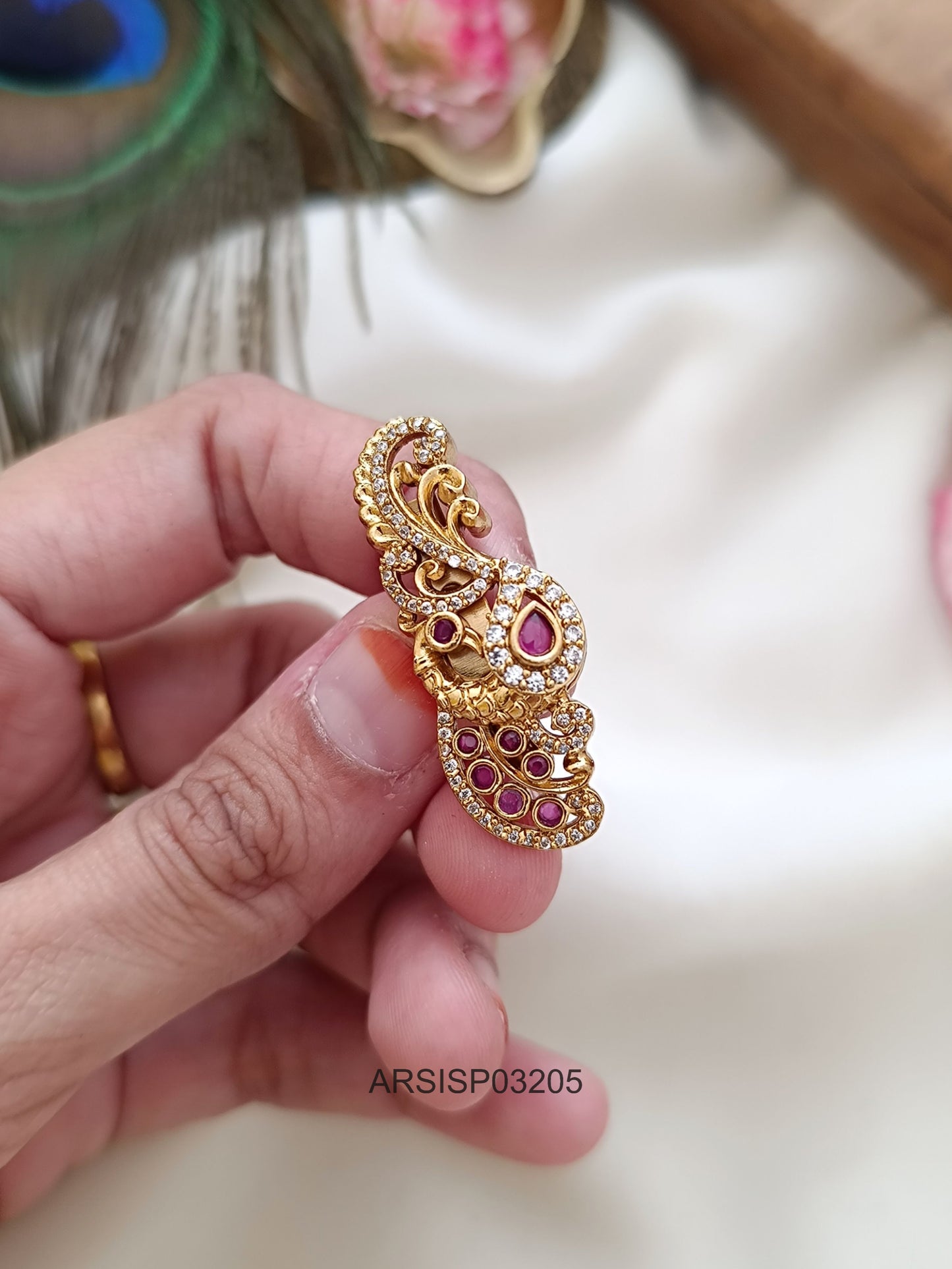 Peacock Red and White Stone Saree Pin