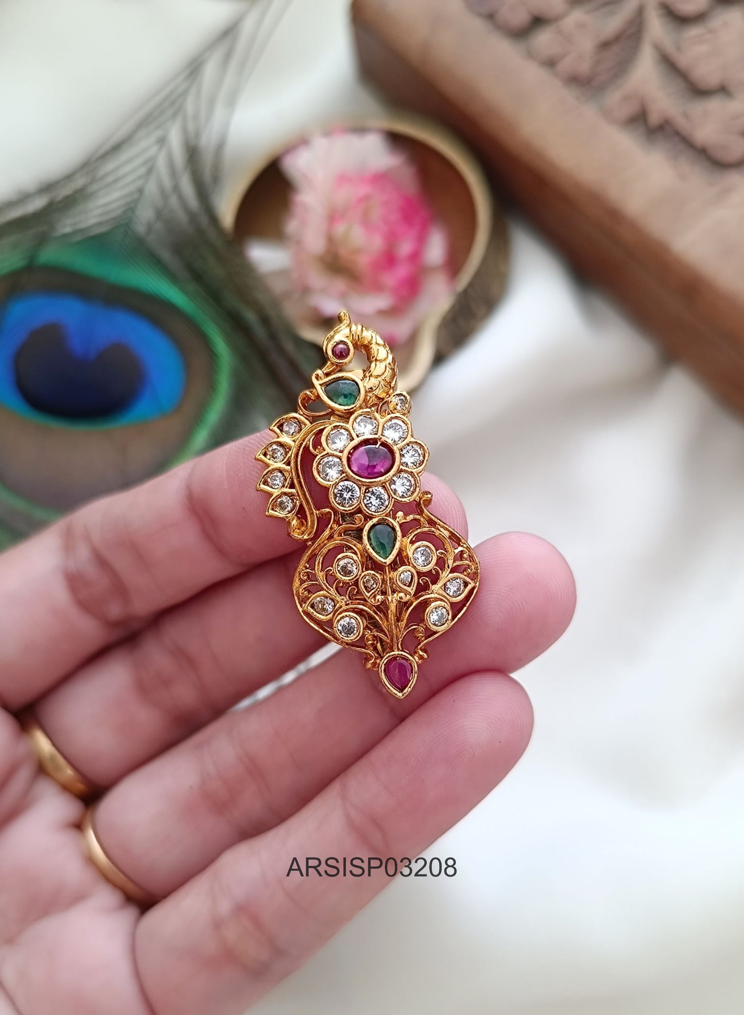 Peacock Flower Stone Saree Pin
