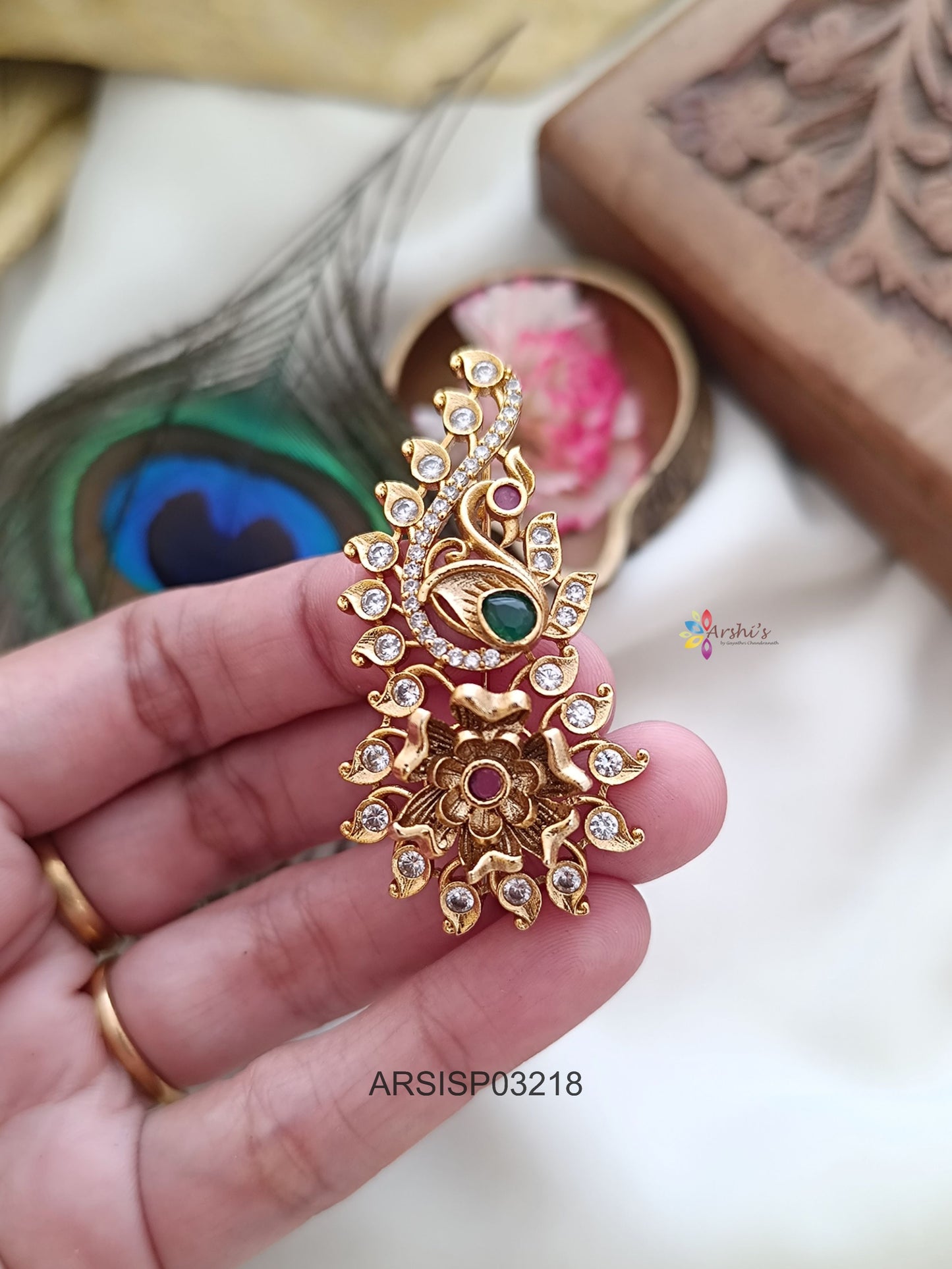 Peacock and Flower Stone Saree Pin