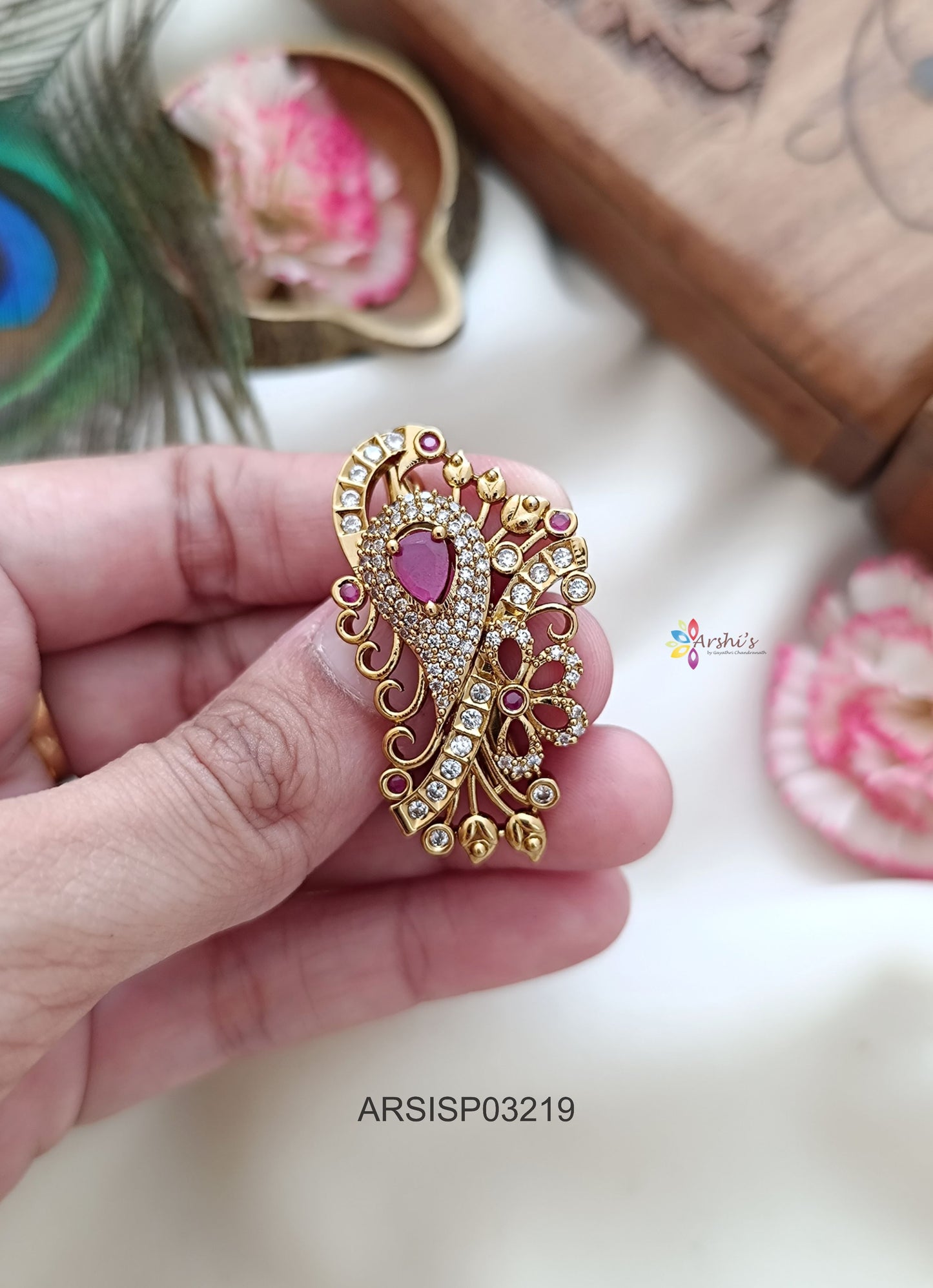 Peacock Red and White Stone Saree Pin