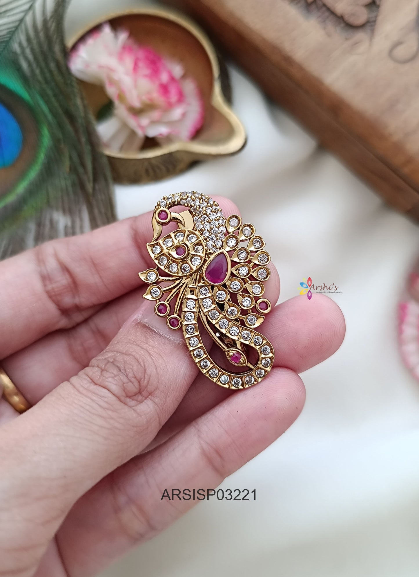 Peacock White and Red Stone Saree Pin