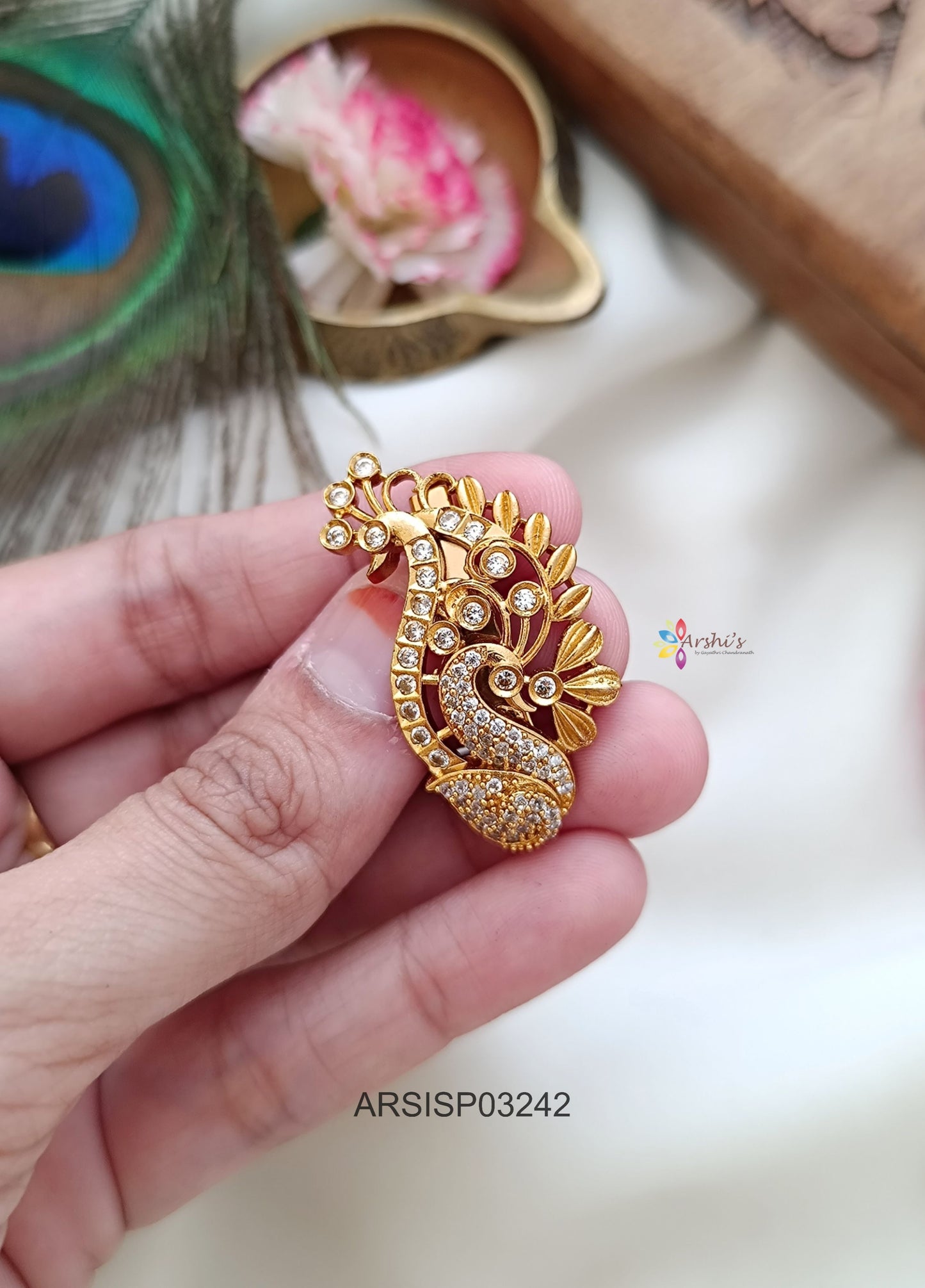 Dual Peacock White Stone Saree Pin