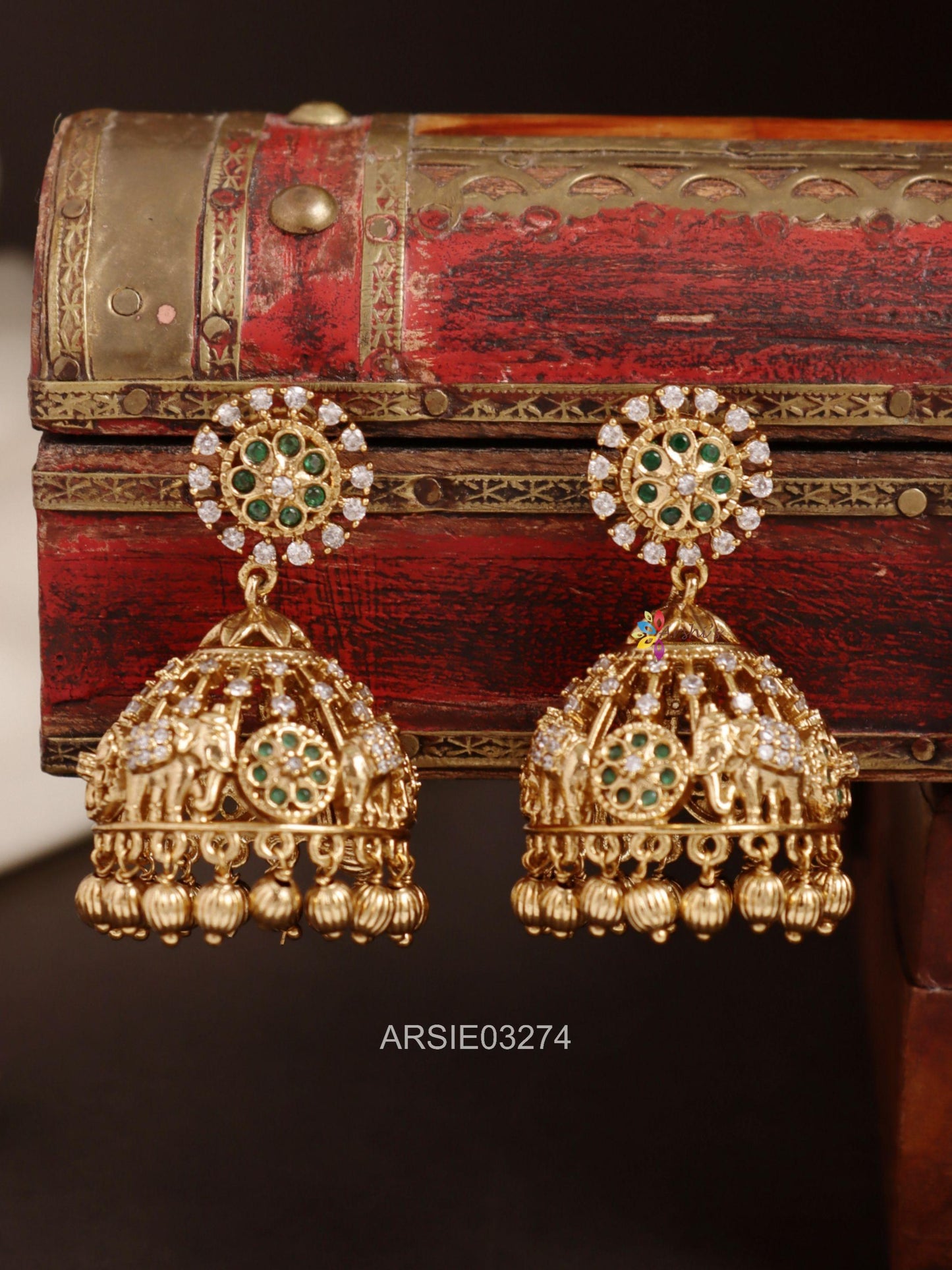 Elephant Design Green Stone Jhumka