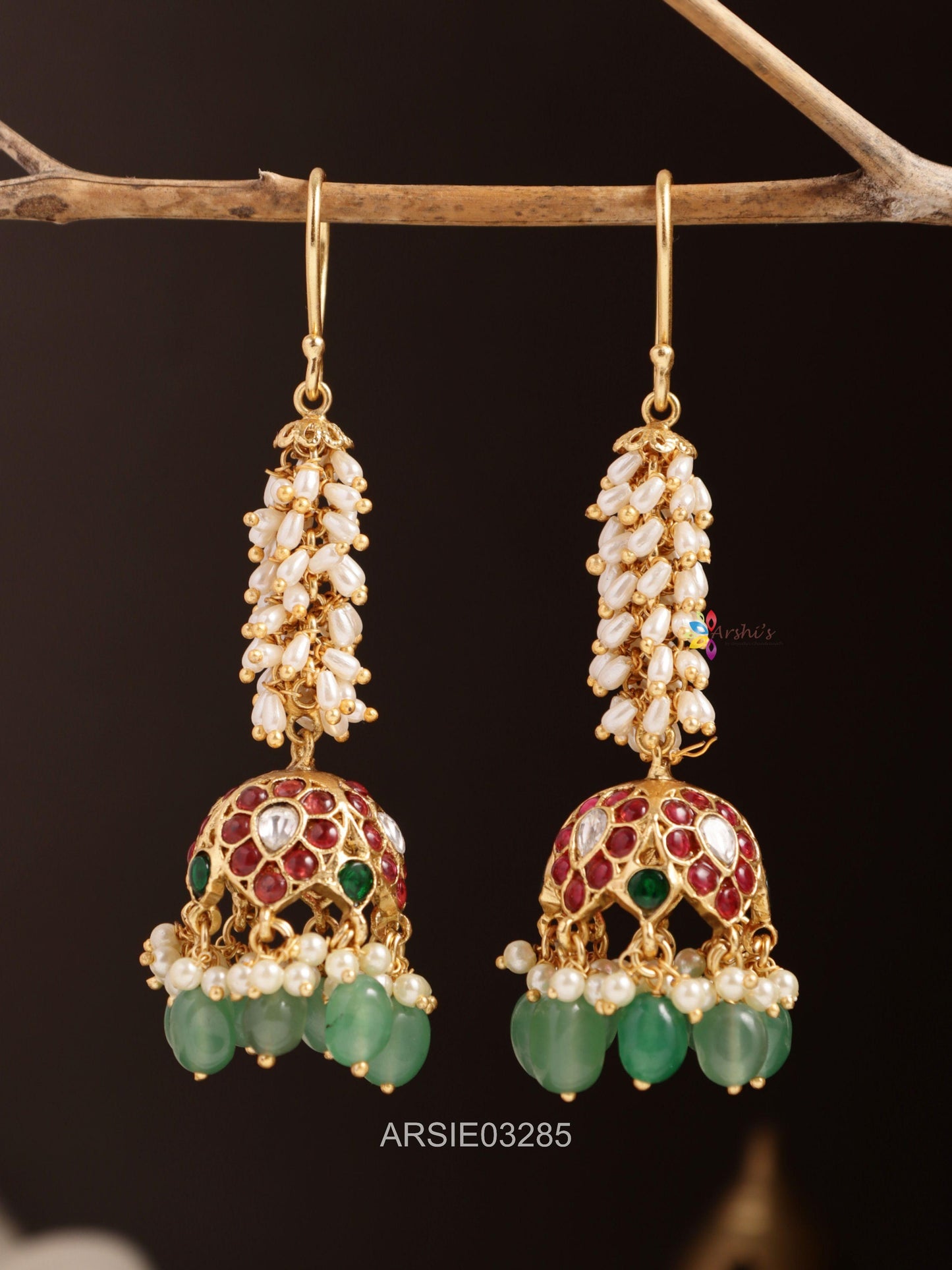Pearl Green Bead Long Hook Jhumka