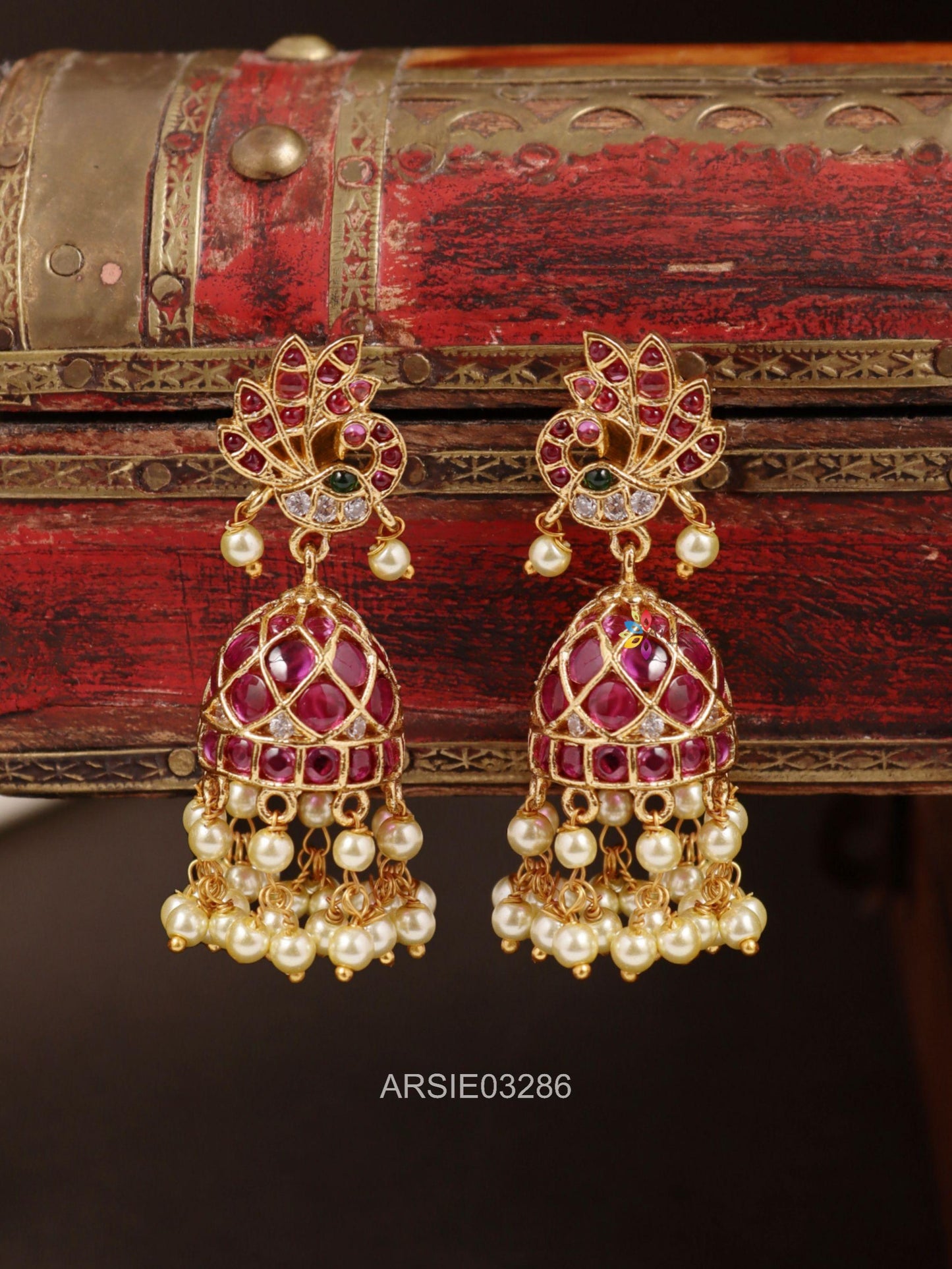 Peacock Kemp Stone Pearl Drop Jhumka