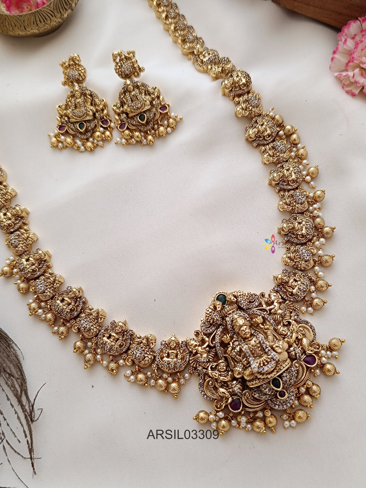 Temple Lakshmi Gold Bead Long Haram