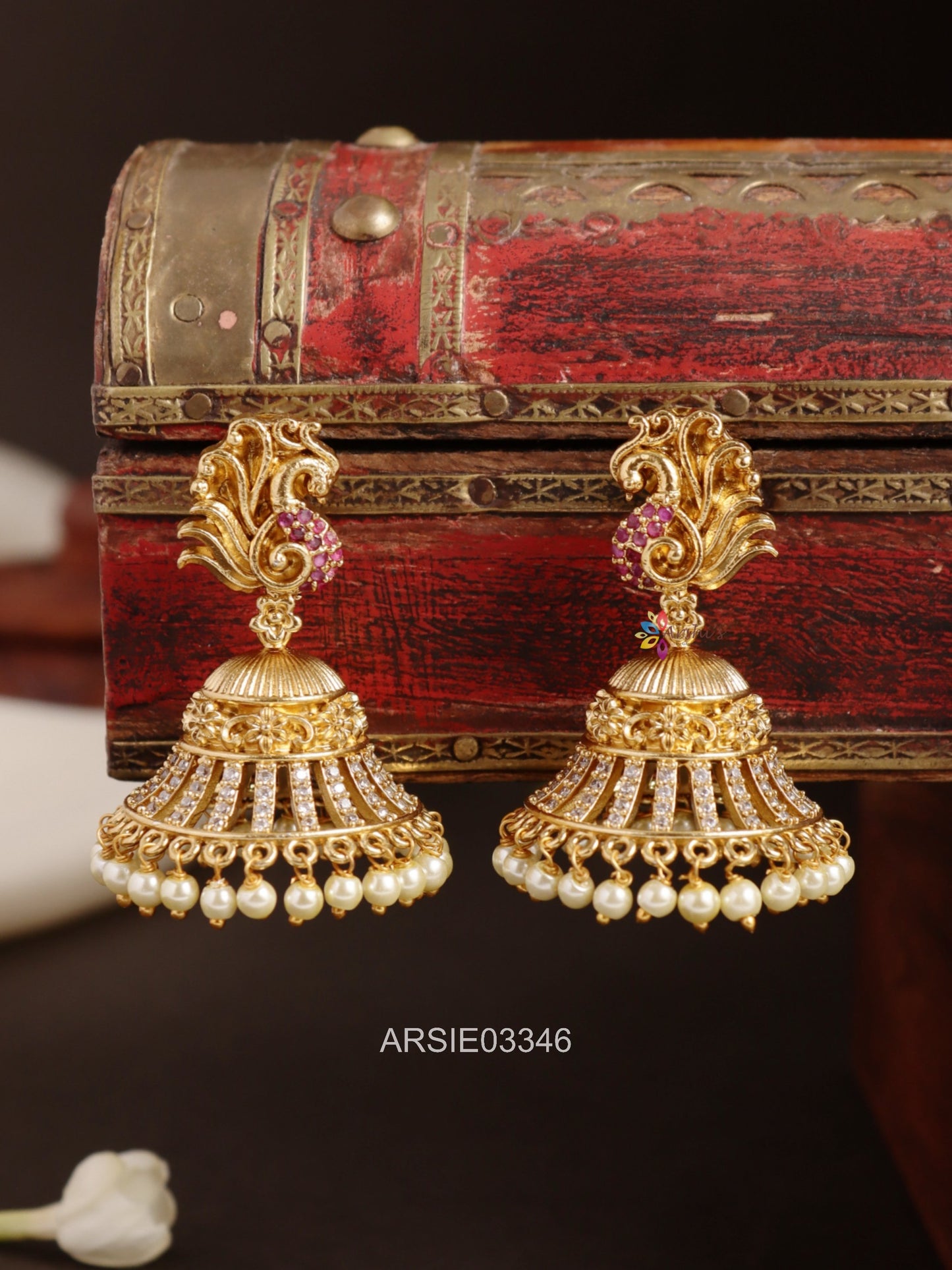 Bridal Peacock Red and White Stone Jhumka