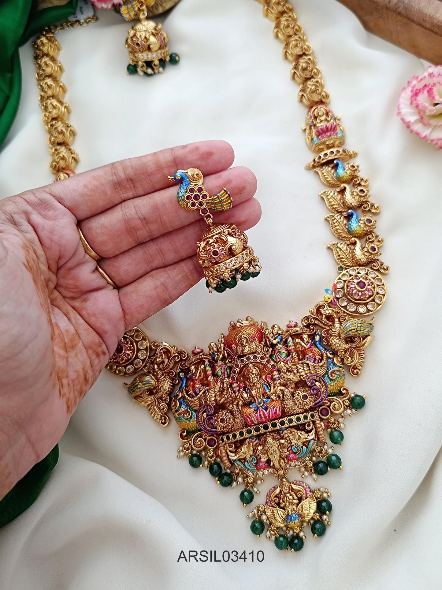 3D Enamel Lakshmi Green Bead Drop Long Haram