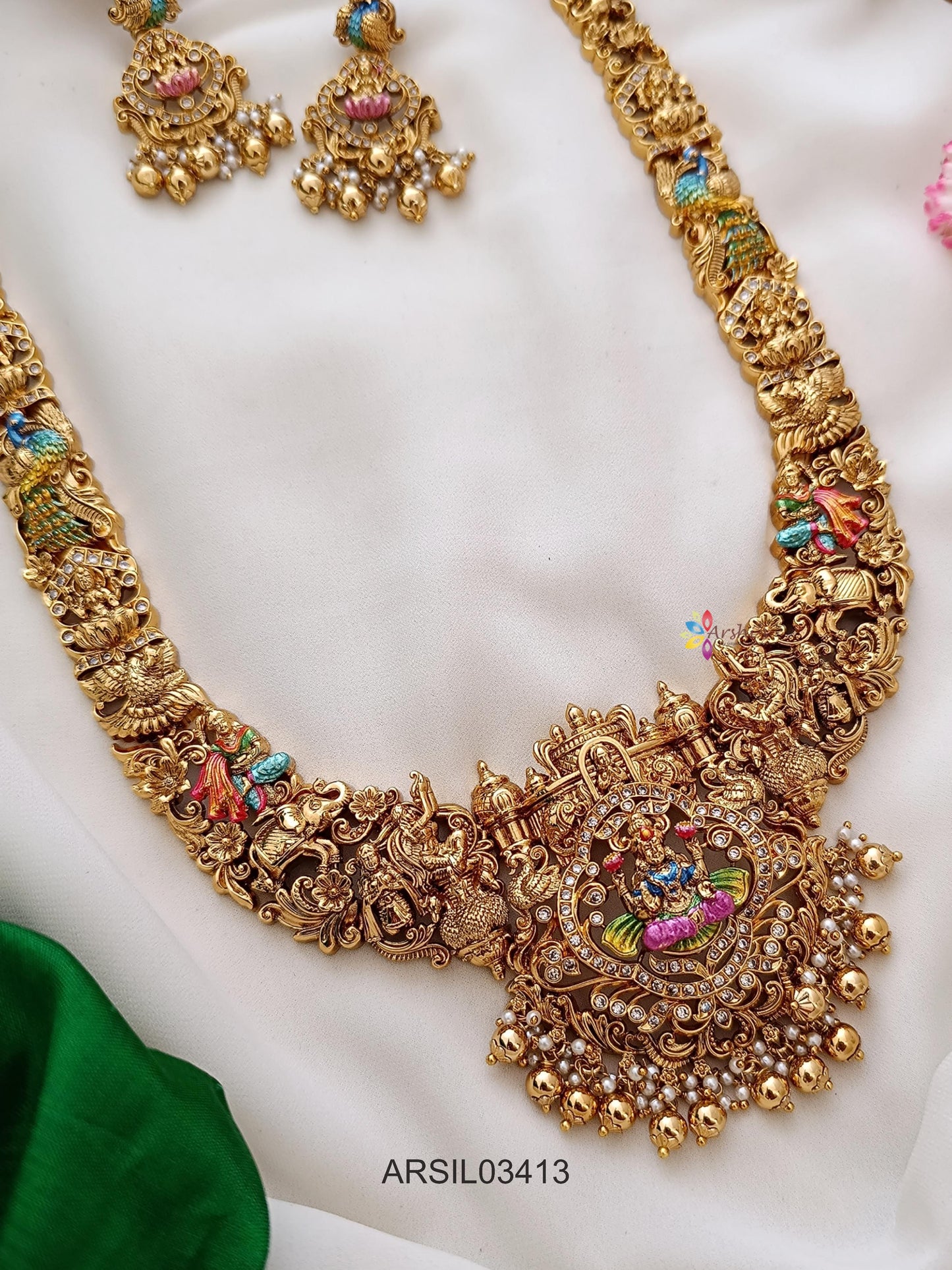 3D Enamel Lakshmi Gold Drop Long Haram