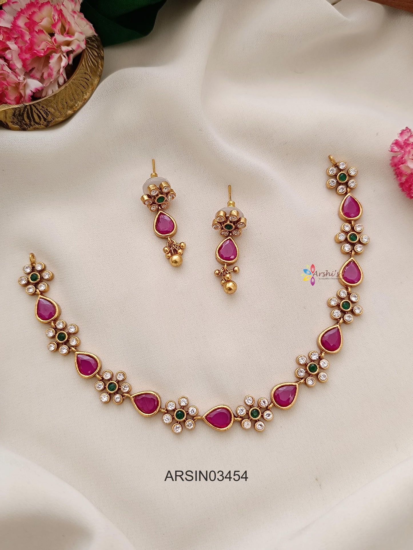 Simple Ruby and Emerald Stone Necklace