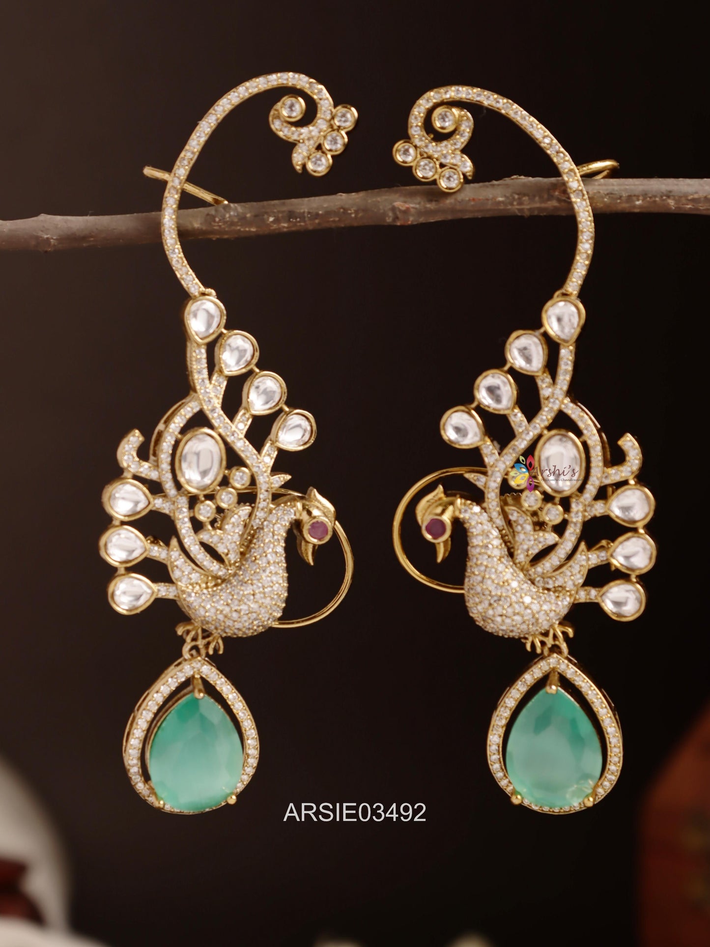 Peacock Pale Green Drop Ear Cuffs