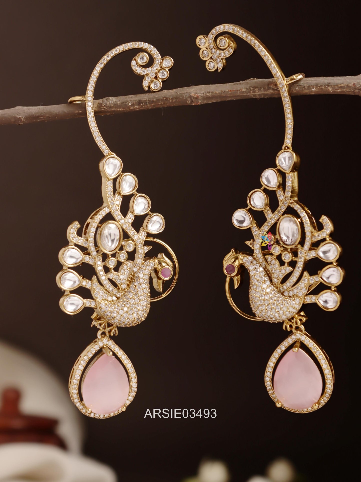Peacock Pale Pink Drop Ear Cuffs