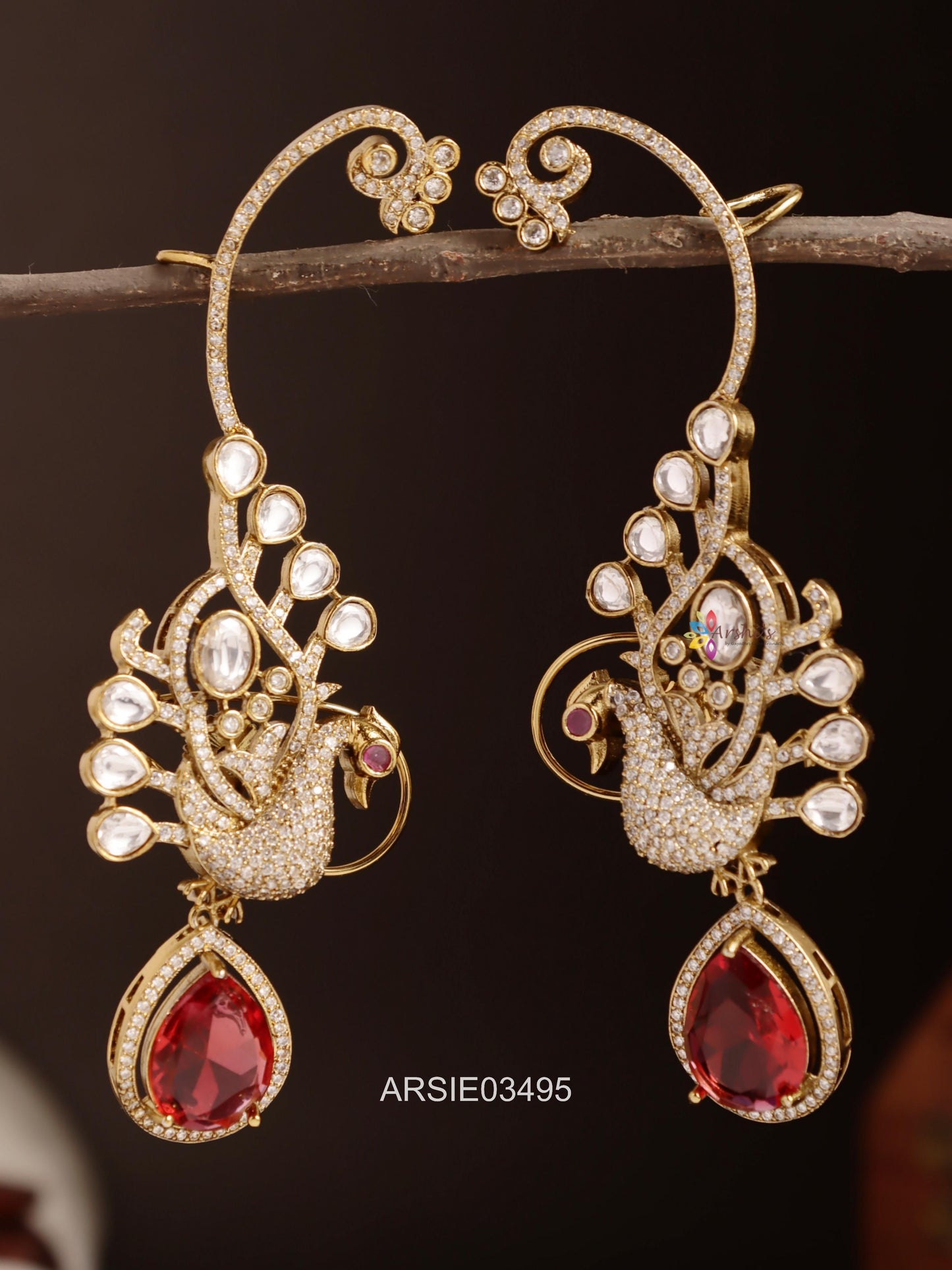 Peacock Red Drop Ear Cuffs