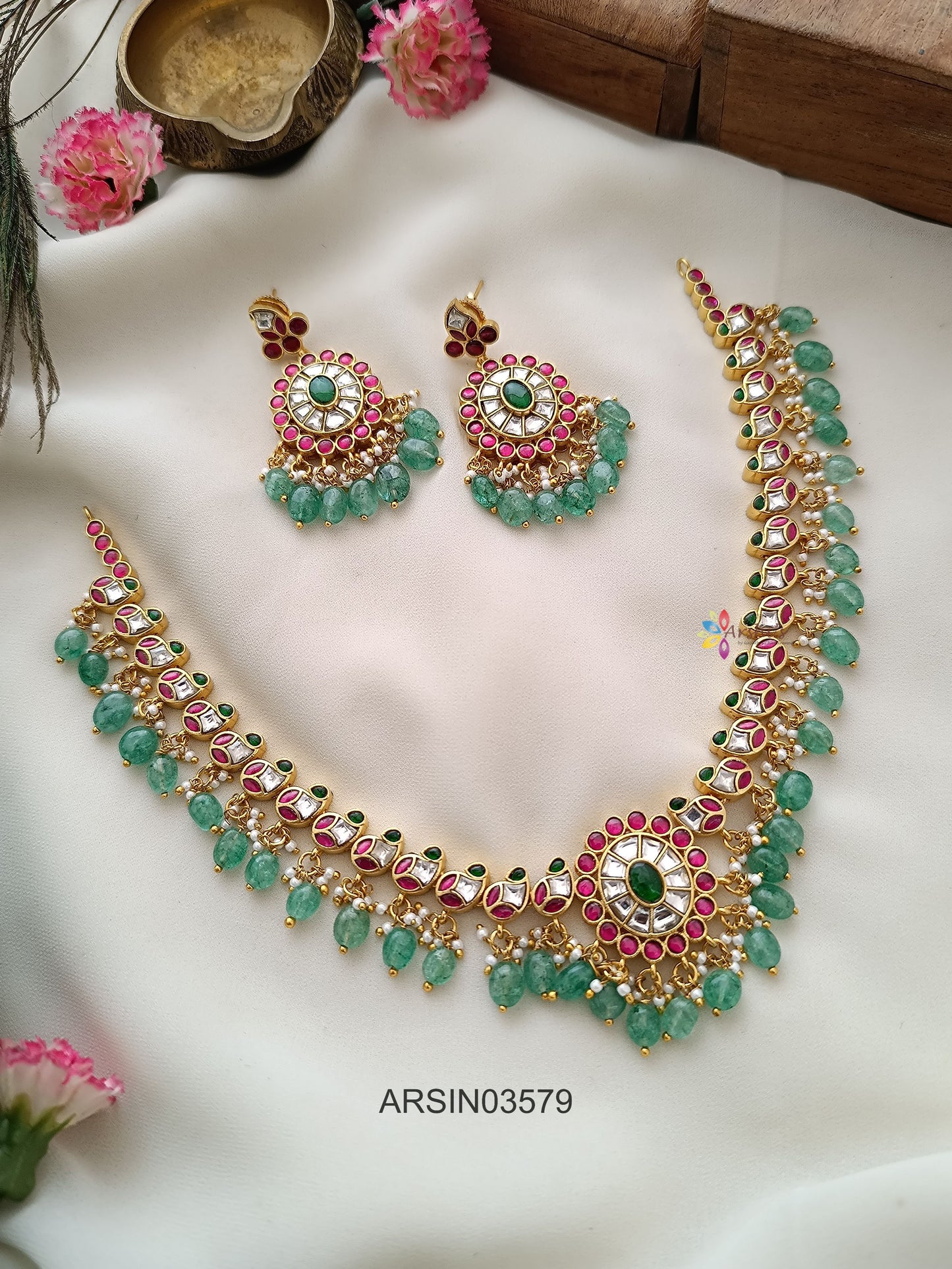 Jadau Kundan Green Drop Necklace