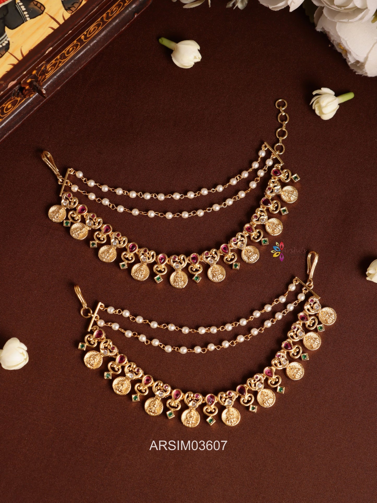 Lakshmi Coin Pearl and Stone Earchains