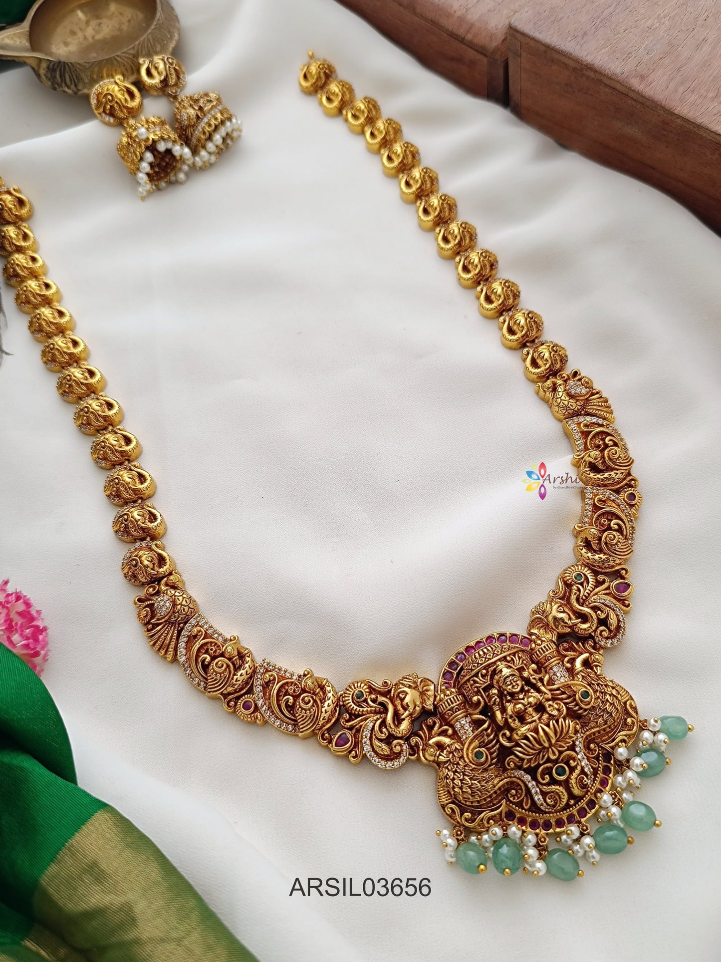 Antique Peacock Lakshmi Pendant Long Haram
