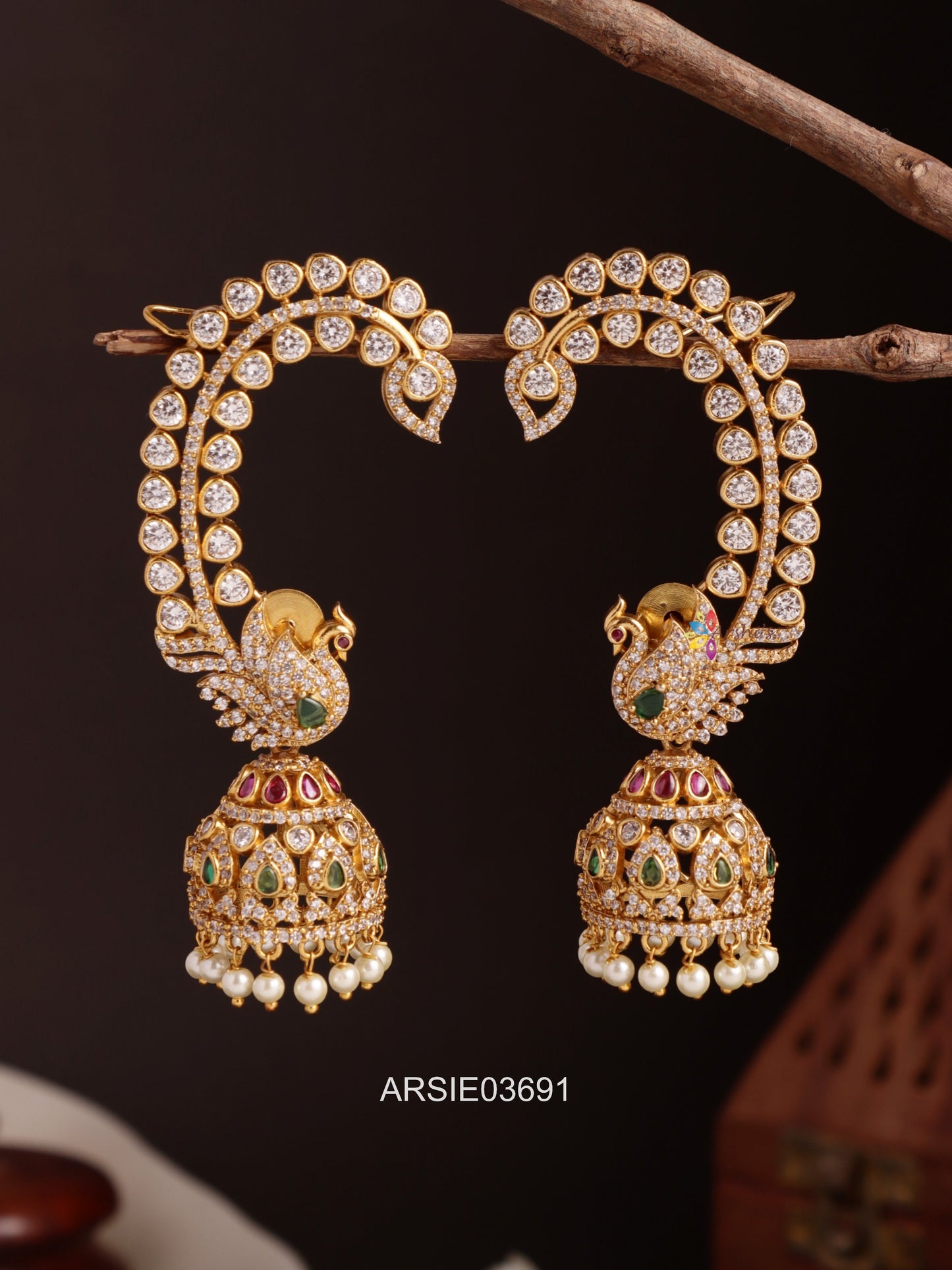 Peacock White Stone Earcuffs