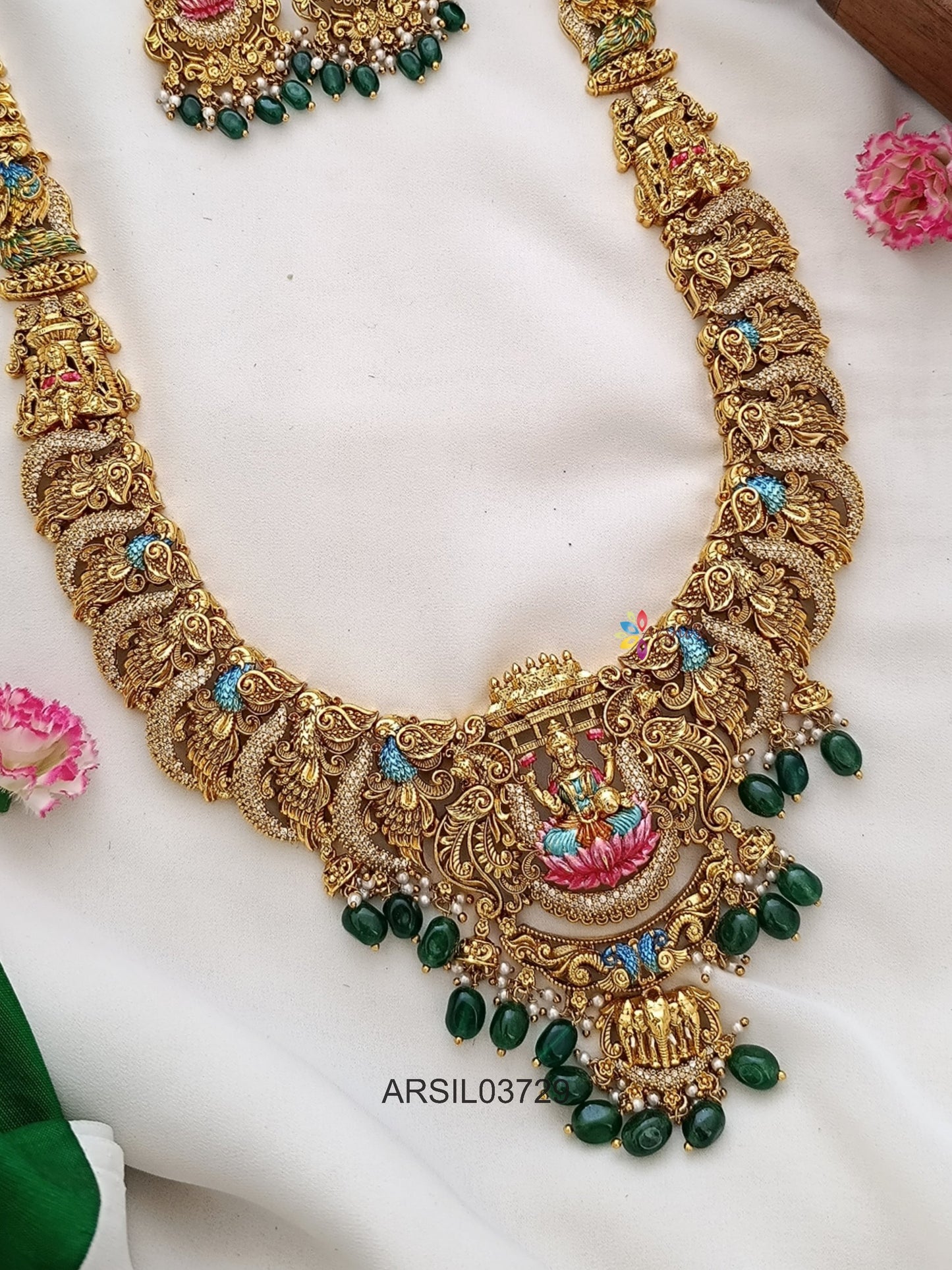 Temple Meenakari Green Bead Drops Haram