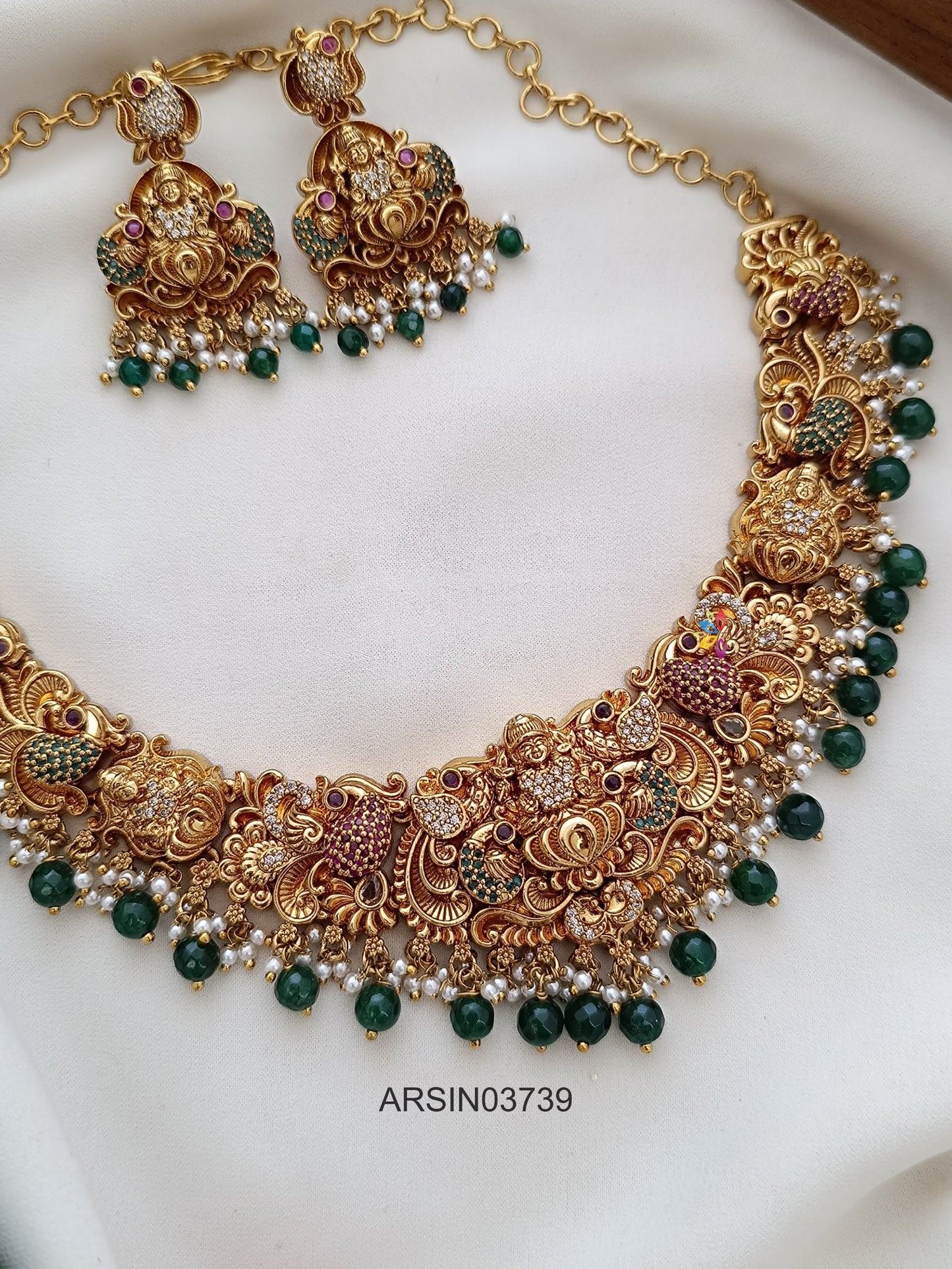 Peacock and Lakshmi Green Bead Drop Necklace