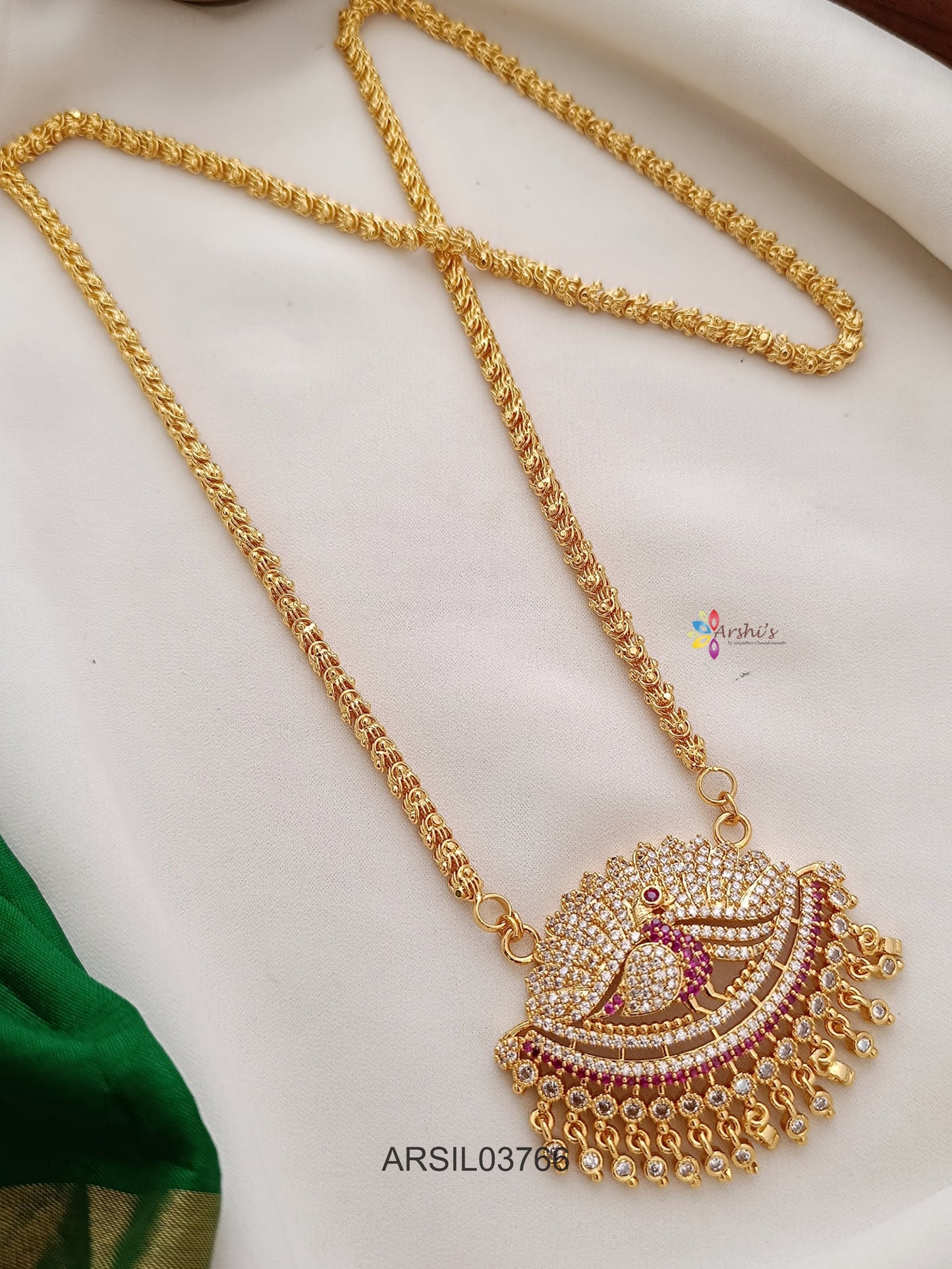 Peacock Red and White Stone Pendant Long Haram