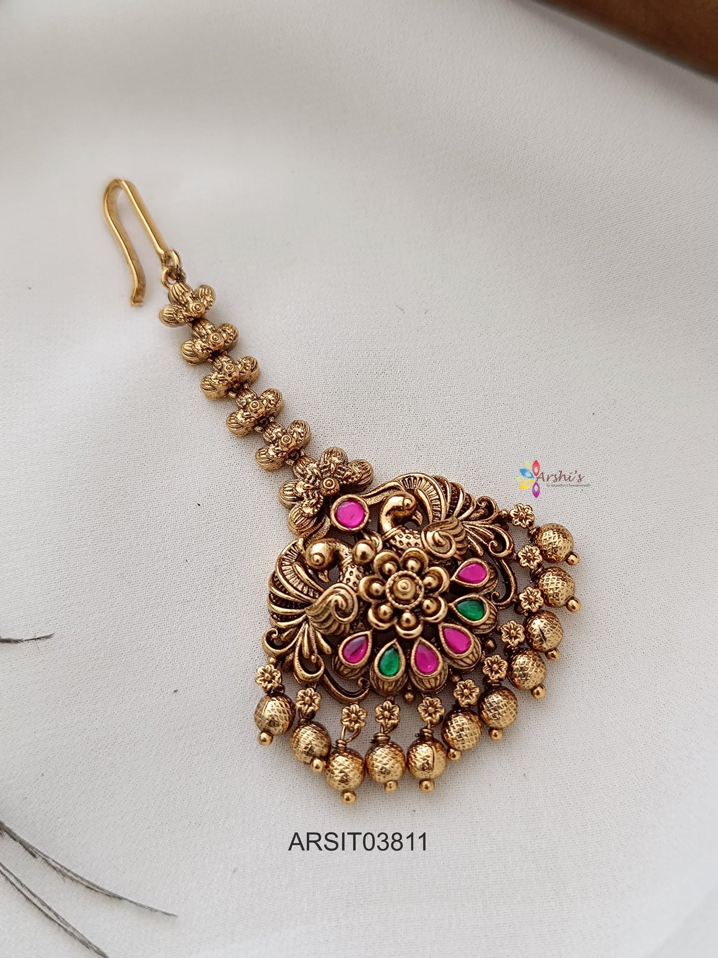 Antique Peacock Jadau Gold Drop Maang Tikka
