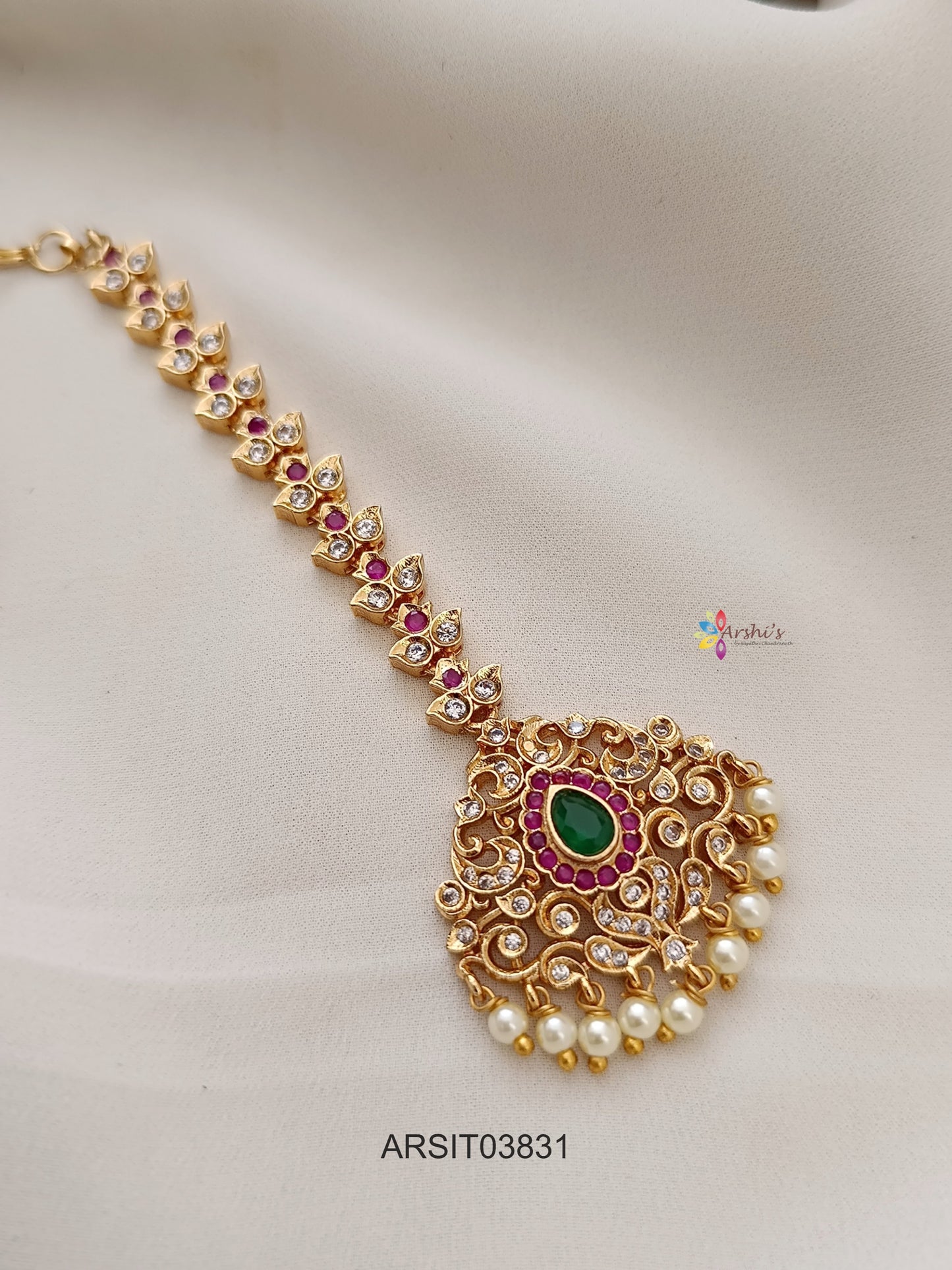 White Stone Pearl Drops Maang Tikka